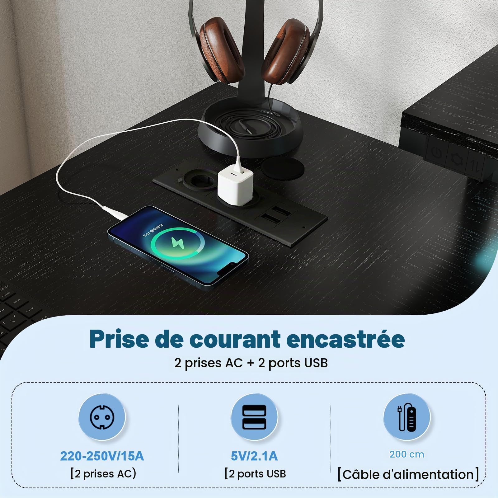 Devoko Bureau Gaming en U Réversible 170x95cm Table E-Sport LED Noir | Éclairage RGB, Double Support Moniteur, 3 Tiroirs, Étagère Latérale, Prises & 2 USB, Rangement, Setup Gamer Complet