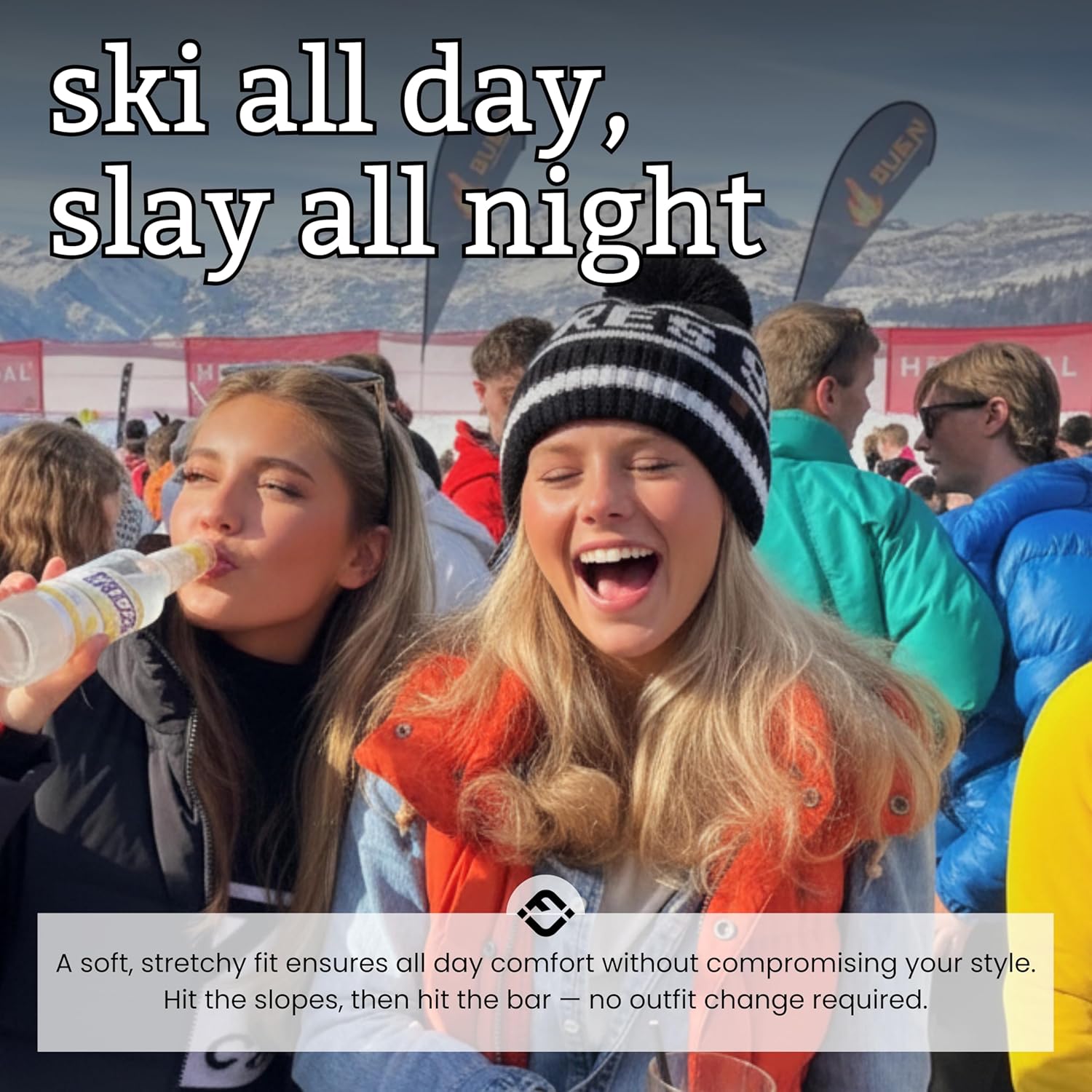 Funky Junque Après Ski Pom Pom Beanie for Women – Oversized Knit Winter Hat, Warm Cozy Womens Hats for Ski Trips & Snow Days - Image 6