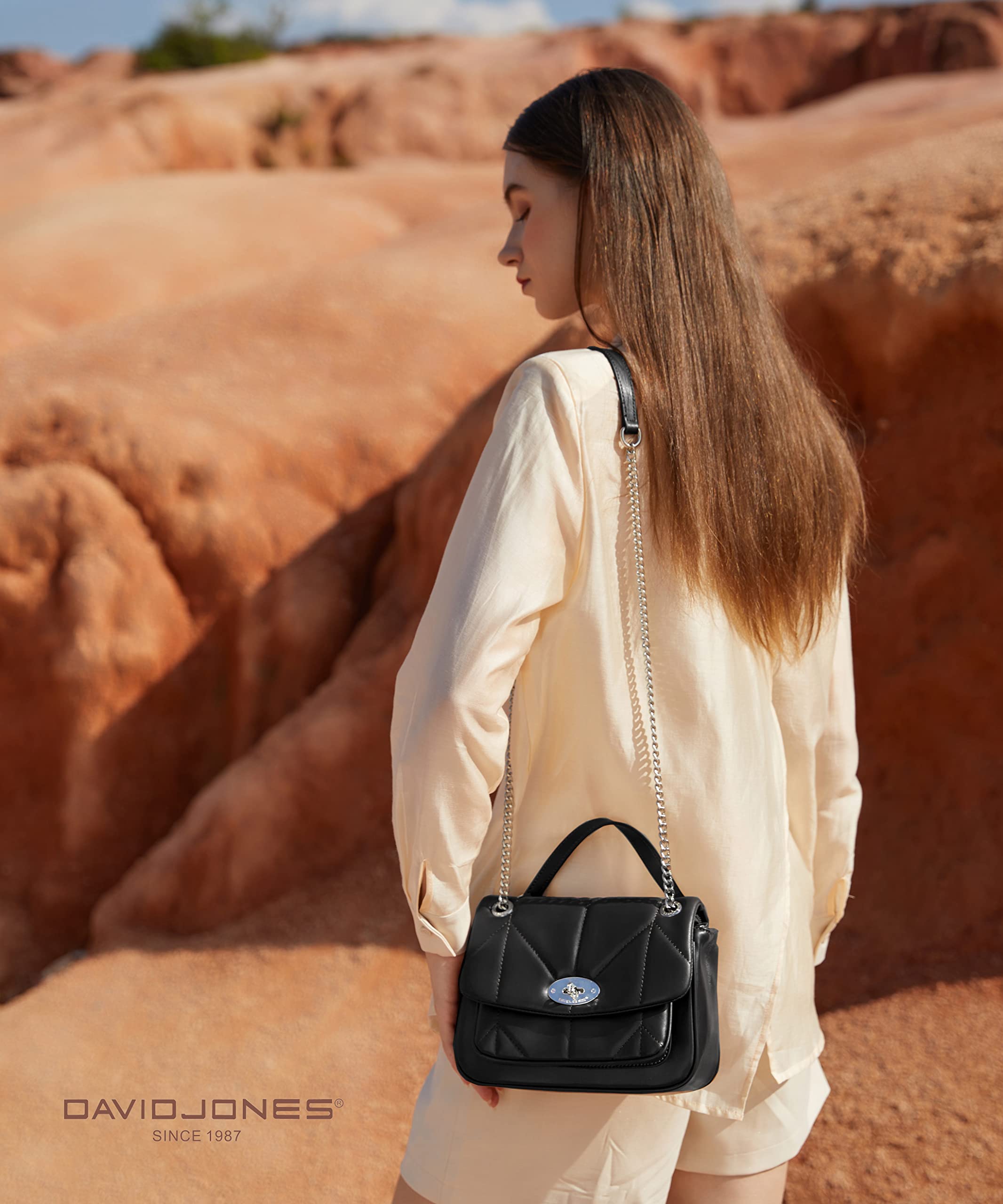 David Jones - Bolso Bandolera Acolchada Mujer - Bolso de Hombro Cruzado con Cadena Piel Sintética - Bolso de Mano Cuero PU Tamaño Mediano - Bolso Elegante con Torniquete Moda Clutch Embrague - Negro