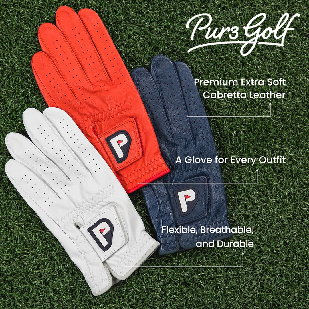 PUR3 Lot de 3 gants de golf en cuir Cabretta ultra doux pour homme (rouge, bleu et blanc), avec marqueur de balle pour golfeurs droitiers et gauchers