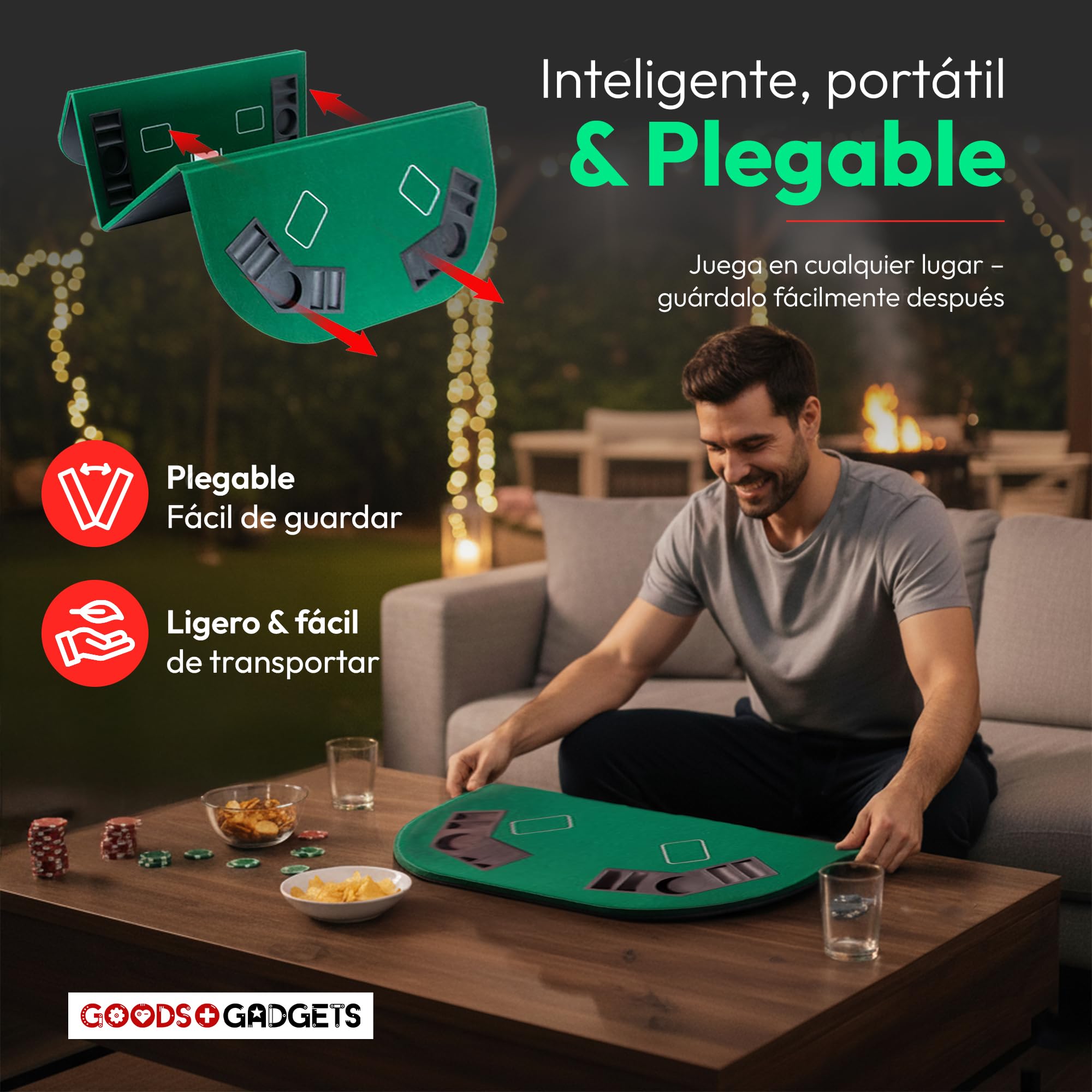 GOODS+GADGETS Tapete de póquer XXL Plegable; Accesorios de póquer Tapete con Fieltro 8 Soportes para Bebidas; móvil (Verde - 160 x 80 cm)