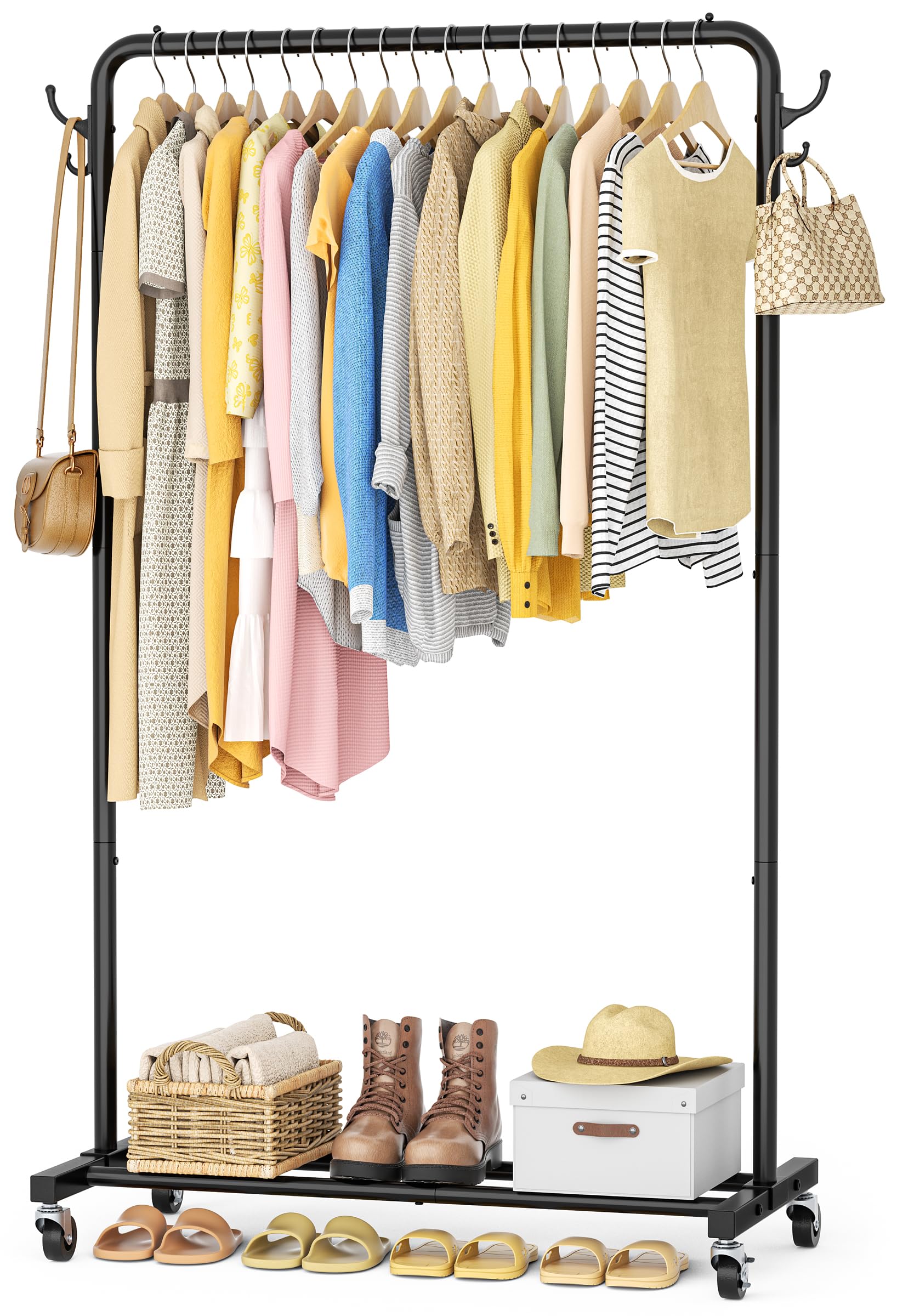 HOMIDEC Clothes Rail, Metal Clothes Rack with 4 Side Hooks, Bottom Storage Shelf and Wheels, Heavy-Duty Clothing Rail Holds Up to 40kg, Clothes Rails for Bedroom, Hallway, Clothing Stores, Black