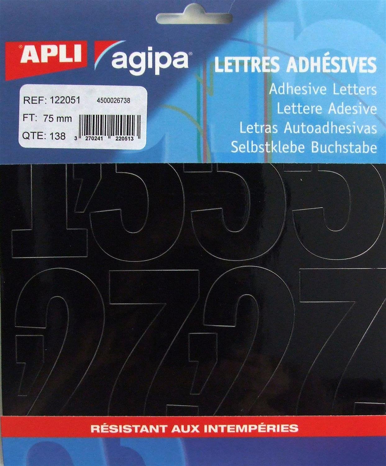 Agipa 122051 - Lettere adesive, 75mm, confezione di 138, nero