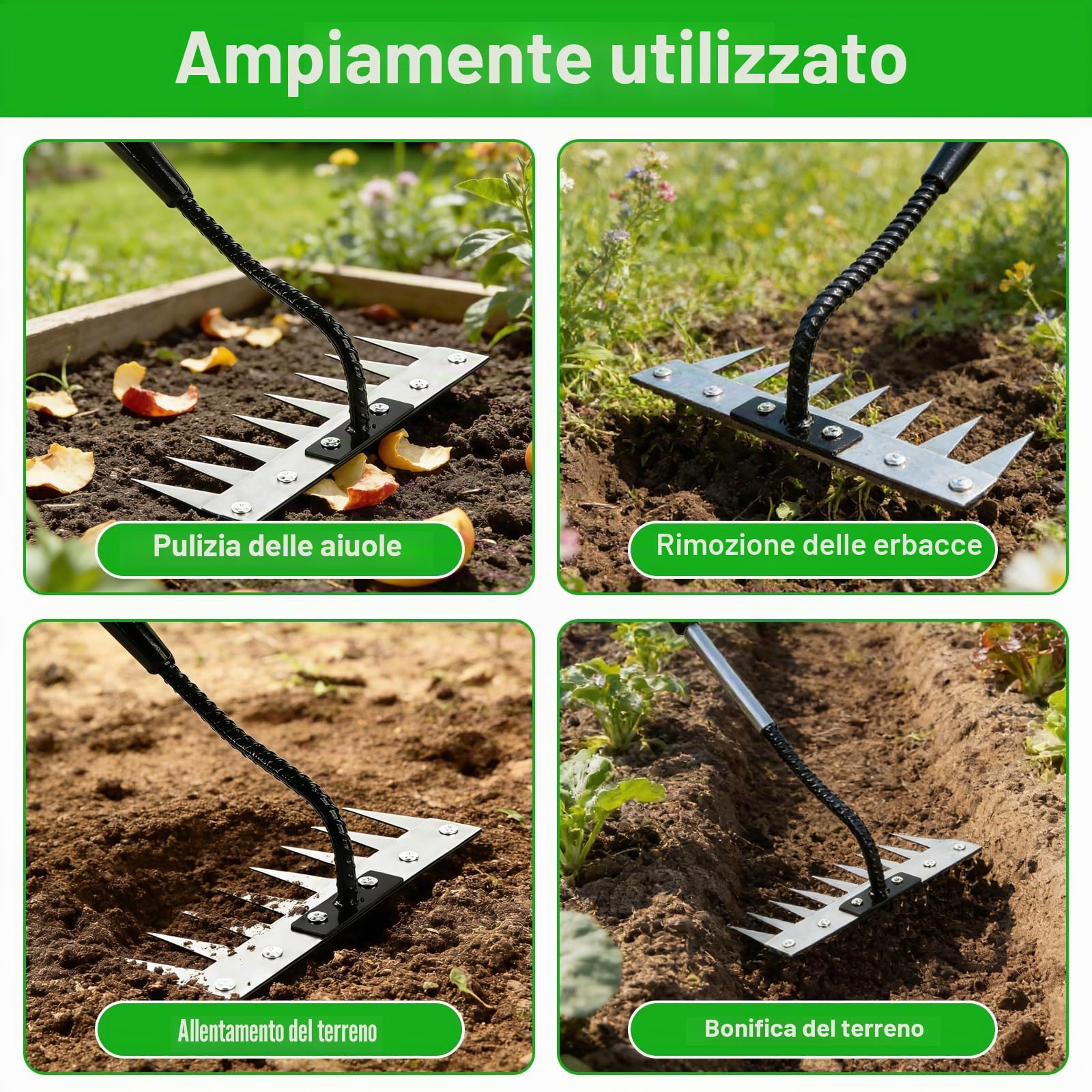 Les-Theresa Rastrello da giardino a 8 denti, in acciaio al carbonio, con manico lungo, strumento per rimuovere le erbacce, per diserbare, giardinaggio e allentamento del prato in cortile