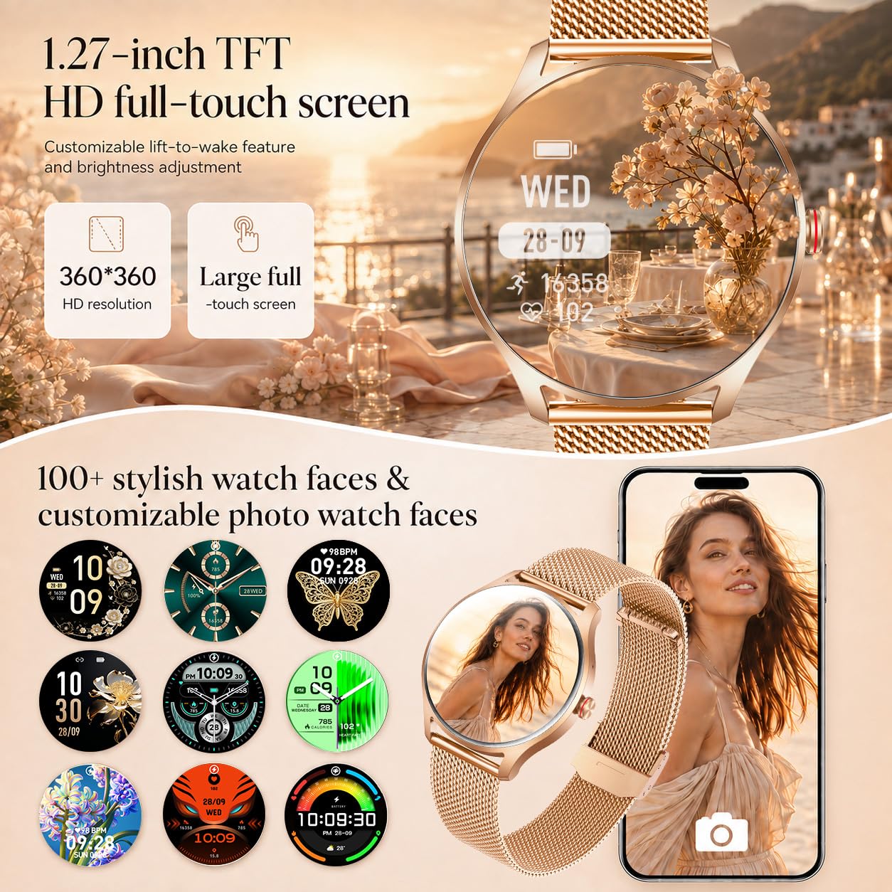 Montre Connectée Femme Sport Smartwatch: 1.27'' Ronde Montres Intelligente avec Appel Bluetooth Sante Moniteur de Sommeil Fonction Féminine SpO2 Etanche IP68 Podomètre Fitness Tracker pour Android iOS