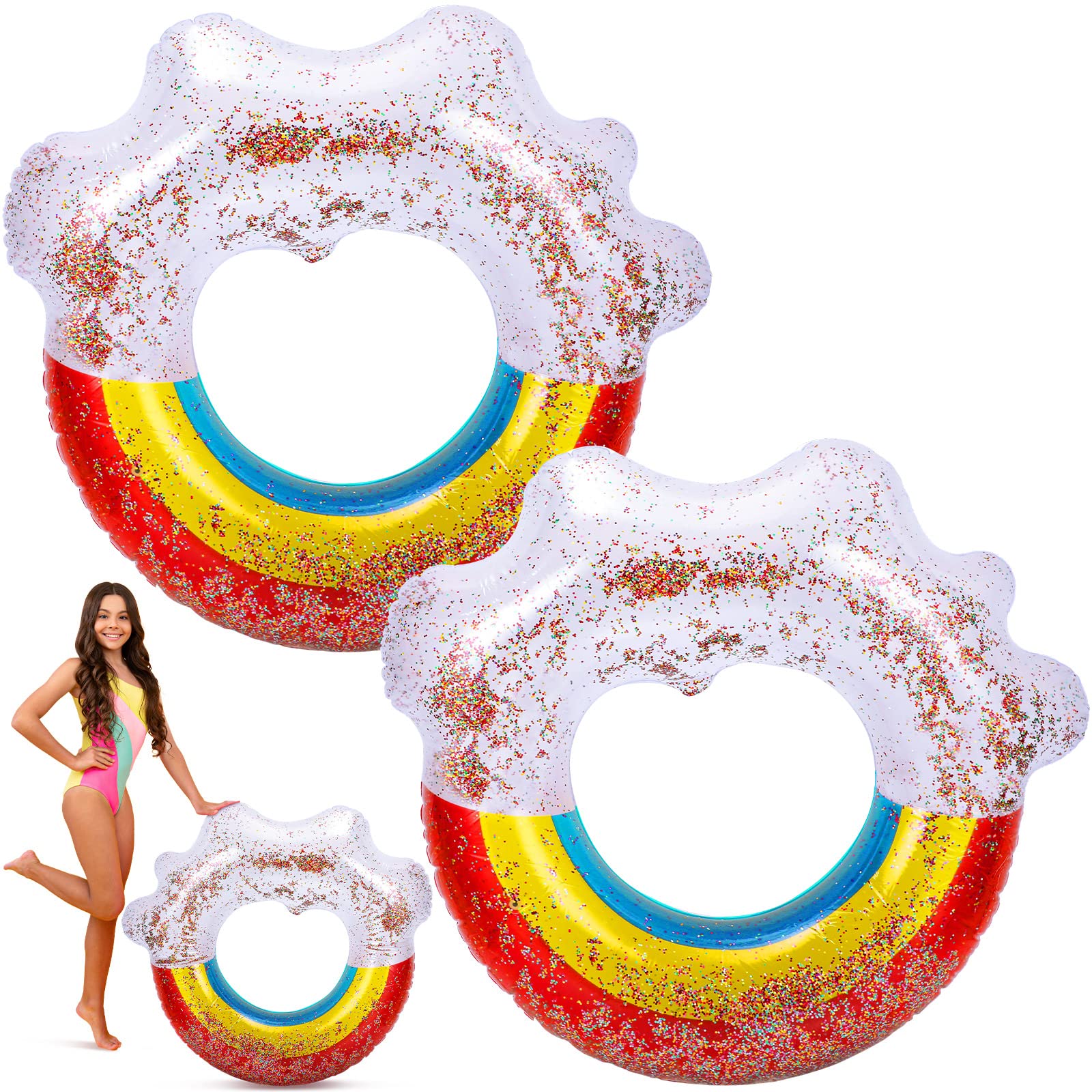 2 Pcs Giant Inflatable Rainbow Pool Floats with Glitter Inside, Rainbow Cloud Fun Beach Floaties Pool Floatie Inflatable Swim Toys Floaty Swim Tubes Adult Rainbow Cloud Swimming Circle for Little Teen