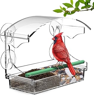 Window Bird Feeder with 4 Strong Suction Cups, Ewinvos Clear Window Bird Feeder for Outside, Acrylic Bird House for Window, Large Outdoor Bird Feeders, Wild Bird Watching Gift, Garden Décor
