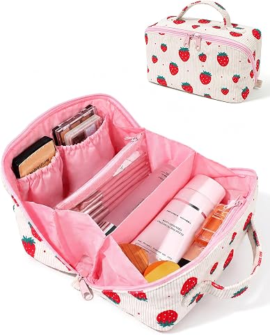 Strawberry Makeup Bag for Women, Corduroy Cosmetic Organi...