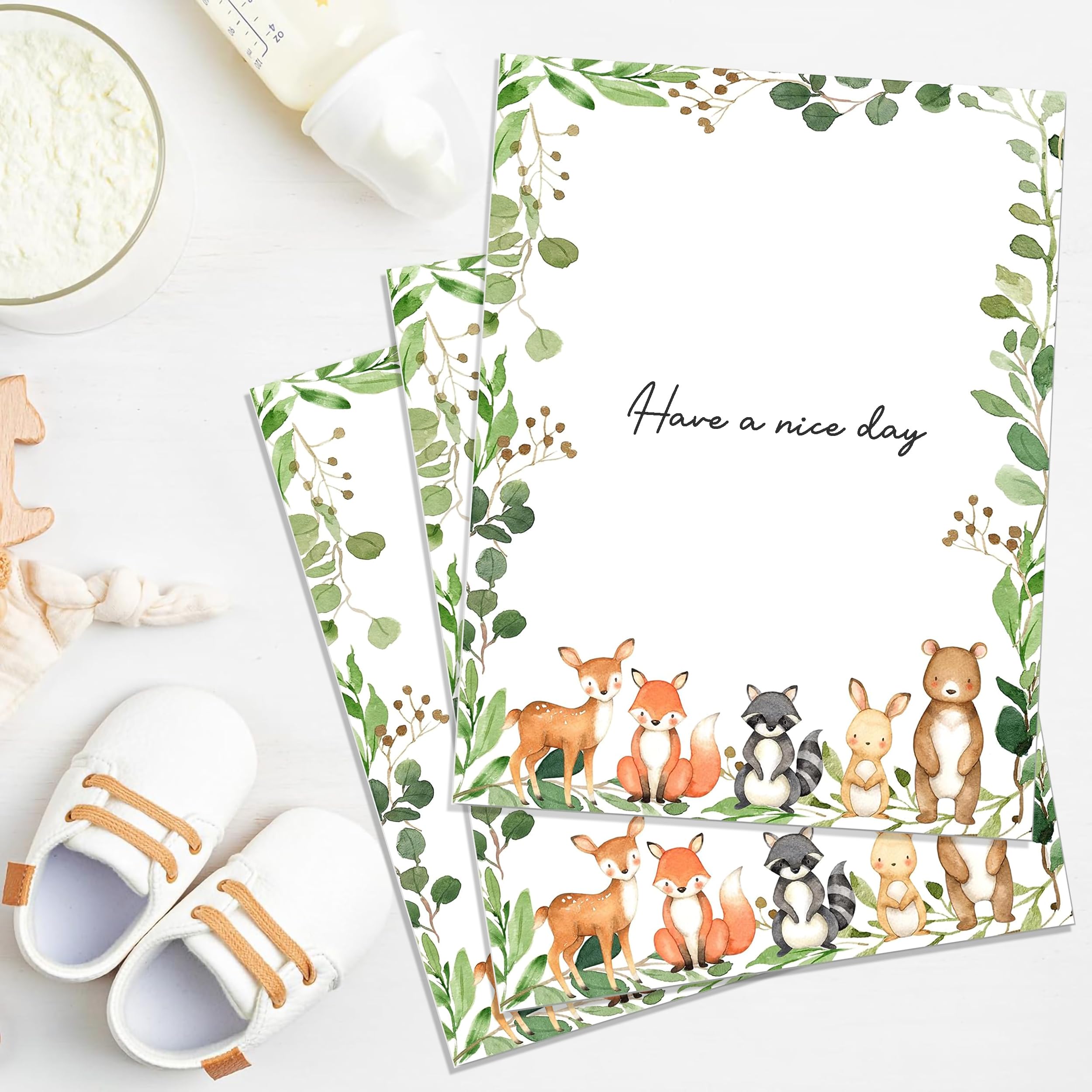 Papelería para baby shower de animales del bosque del bosque, 60 hojas, papel de membrete de una sola cara de 8.5 x 11 pulgadas para invitaciones, notas de agradecimiento y escritura
