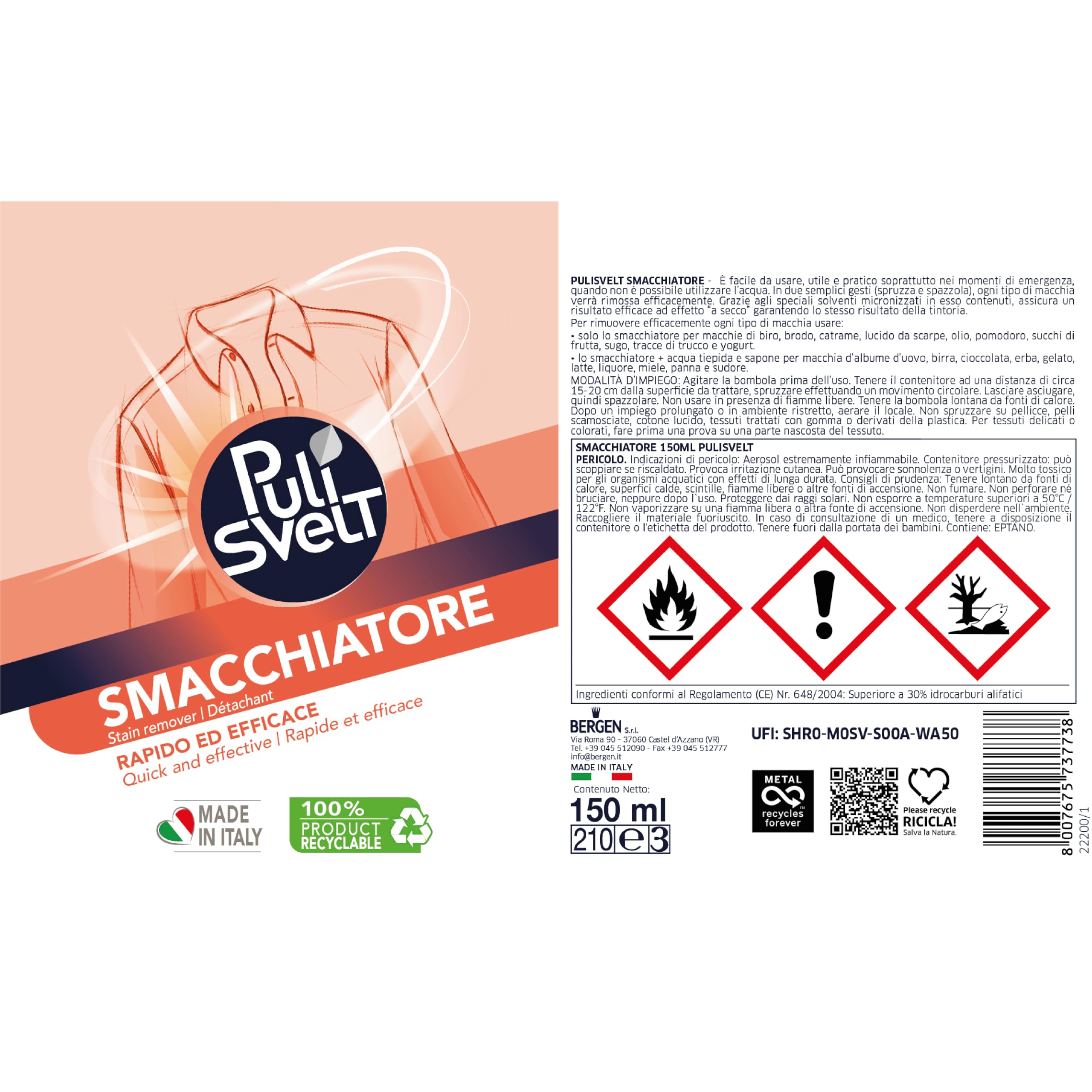 PULISVELT | Smacchiatore a Secco per Tessuti e Indumenti, Rapido ed Efficace, Formula a Secco Antimacchia, 150 ml, Confezione da 24 Pezzi