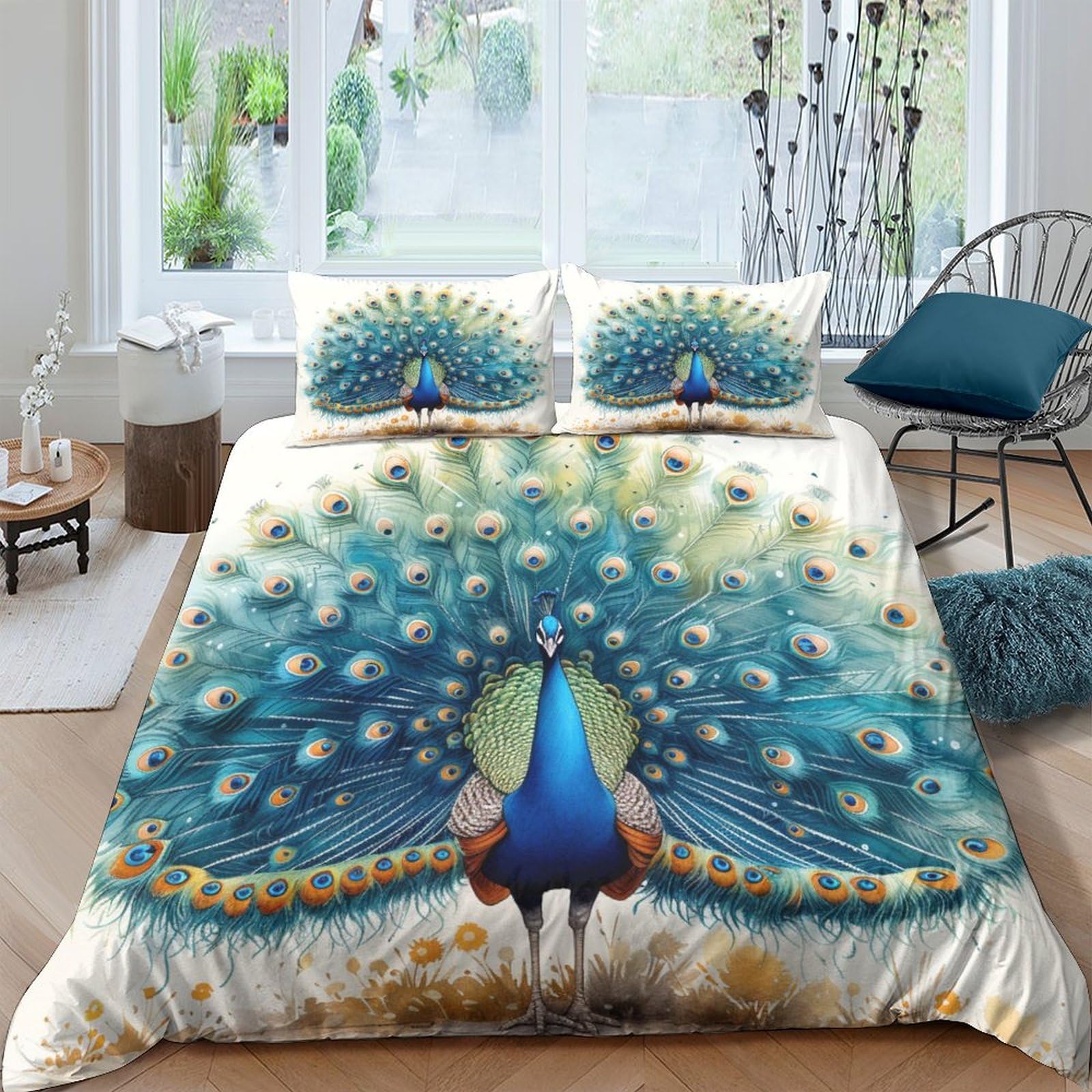 NRAOPEVVD Peacock Duvet Cover Set 3 PCS Hotel Quality Quilt Cover Bedding Sets Bed Covers with Pillowcases with Zipper Closure Ultra Soft Anti Allergic Microfiber Double（200x200cm）