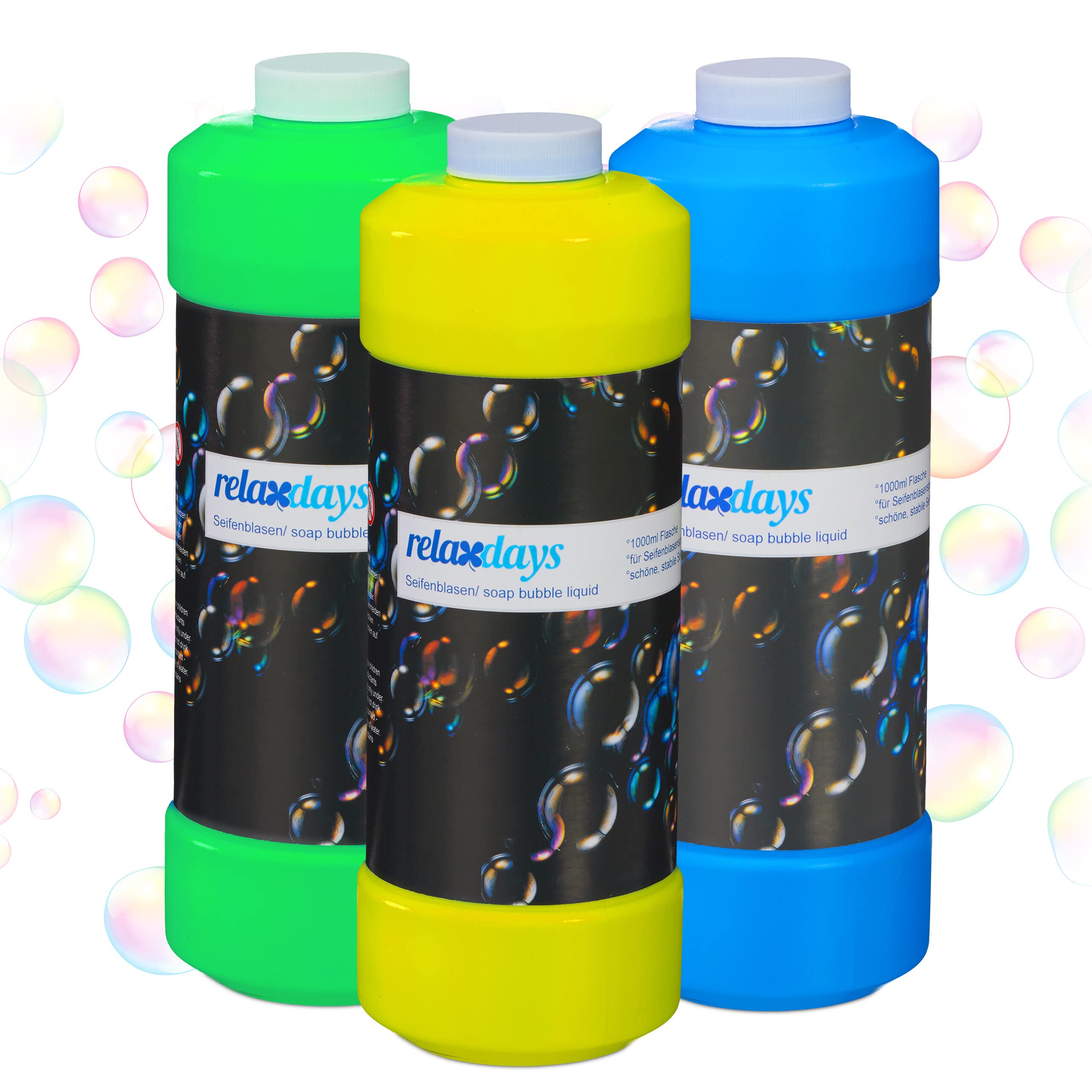Relaxdays Seifenblasen Nachfüllflasche, 3er Set, je 1 Liter Seifenblasenflüssigkeit, für Seifenblasenmaschine, bunt