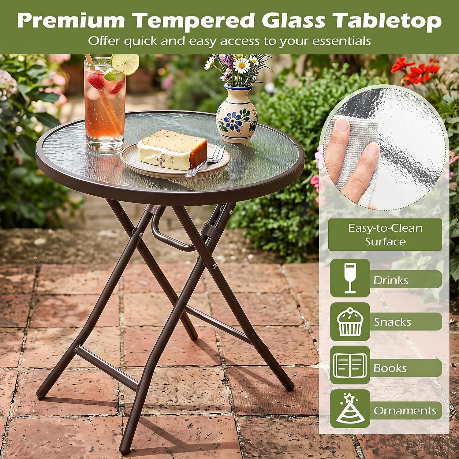 GIANTEX Folding Side Table w/Tempered Glass Tabletop & Metal Frame Set of 2