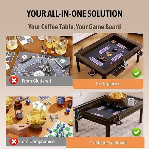 Miniatura 8 de Mesa de juego de mesa de madera maciza con mesa extraíble para 4 a 6 jugadores, mesa de juegos y comedor, incluye alfombrilla de juego y portavasos