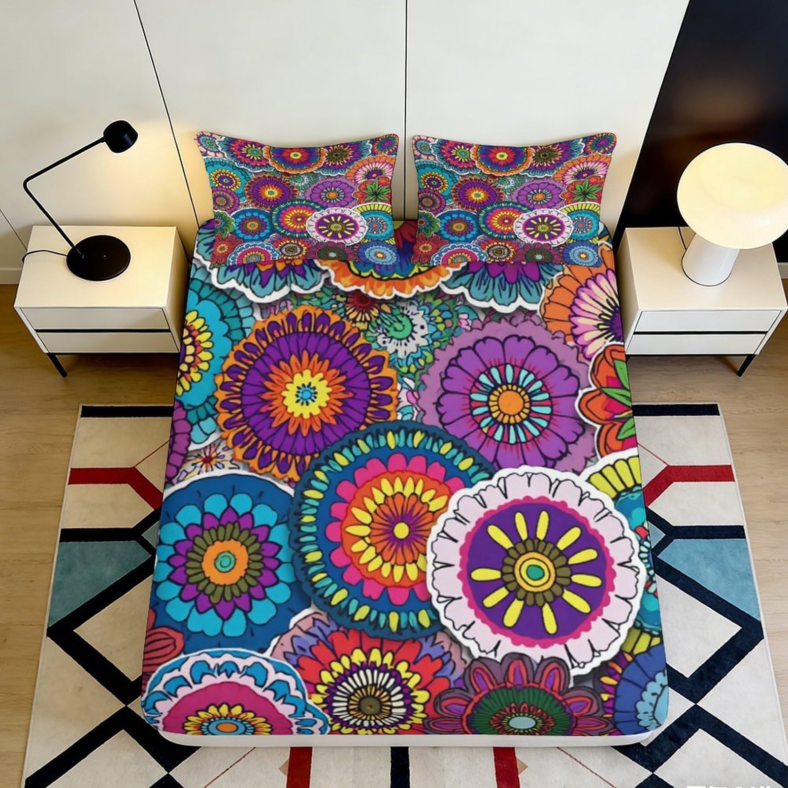 3D Printed Boho Mandala Fitted Sheet Microfiber Vibrant Floral Mattress Cover for Bedroom Dorm Mattress Protection Decor 140x200x25cm