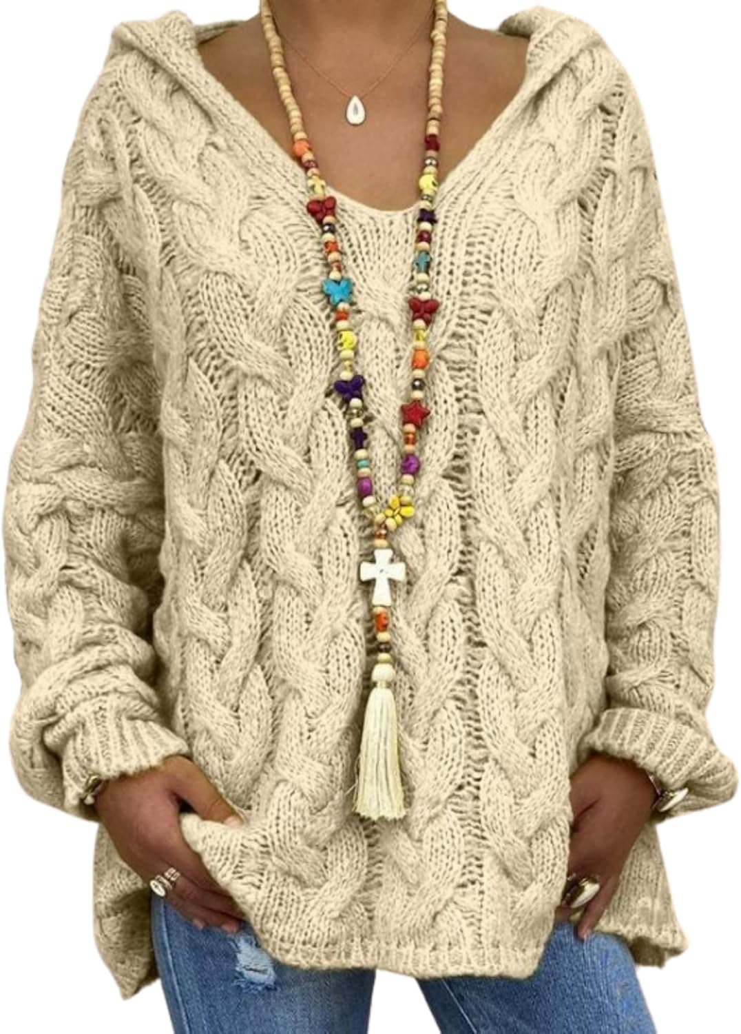 ZOCAVIA Womens Hooded Sweater Cable Knit Sweater Oversized Knit Sweater Loose Fit Sweater Knit Pullover Sweater Top