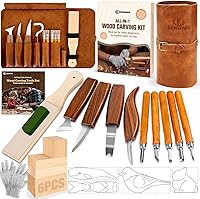 KKERNOWO 24pcs Wood Carving Kit for Beginners - Whittling Knives, Basswood Blocks, Templates & Leather Storage Bag