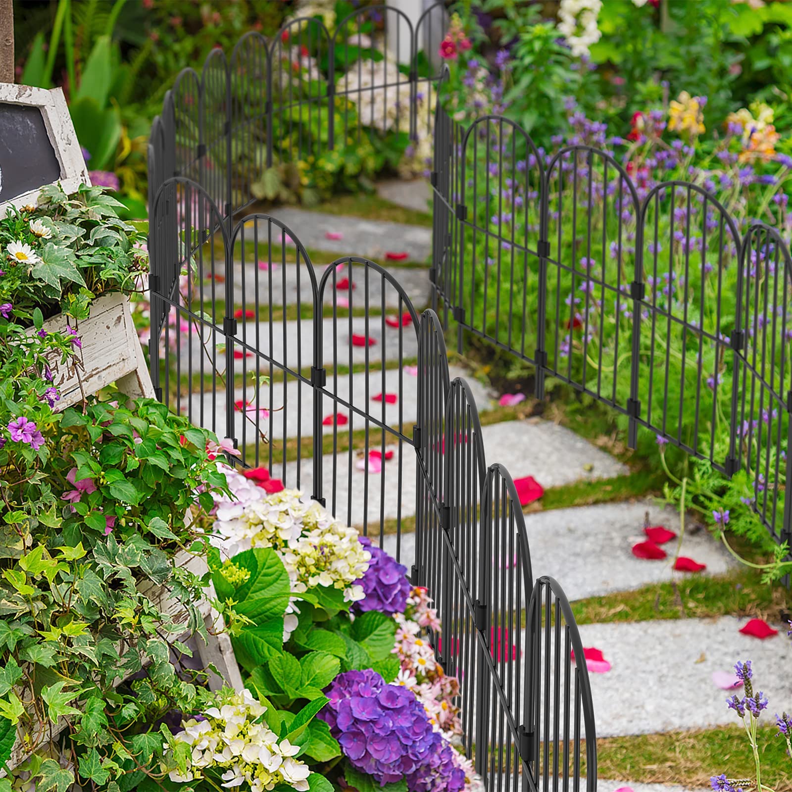 Gartenzaun 10 Stück Komplettset Dekorative Metallzaun Steckzaun, Oberbogen Gartenzaun Metall Zaunelemente, Zaun für Hunde (Oberbogen-B)
