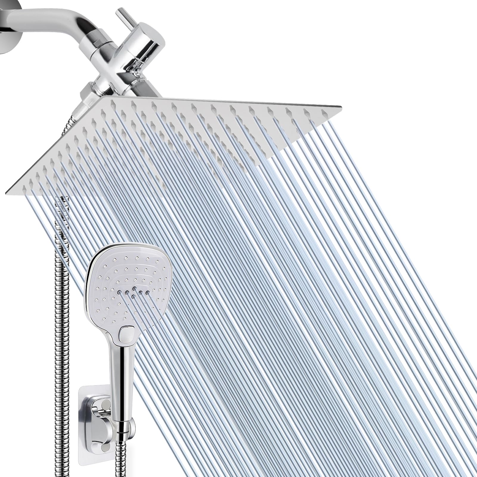 NearMoon Shower Head with Hose, High Pressure Stainless Steel Rain Shower and 3 Settings Handheld Spray Combo with Push Button Flow Control (12 Inch Showerhead Set, Chrome Finish)