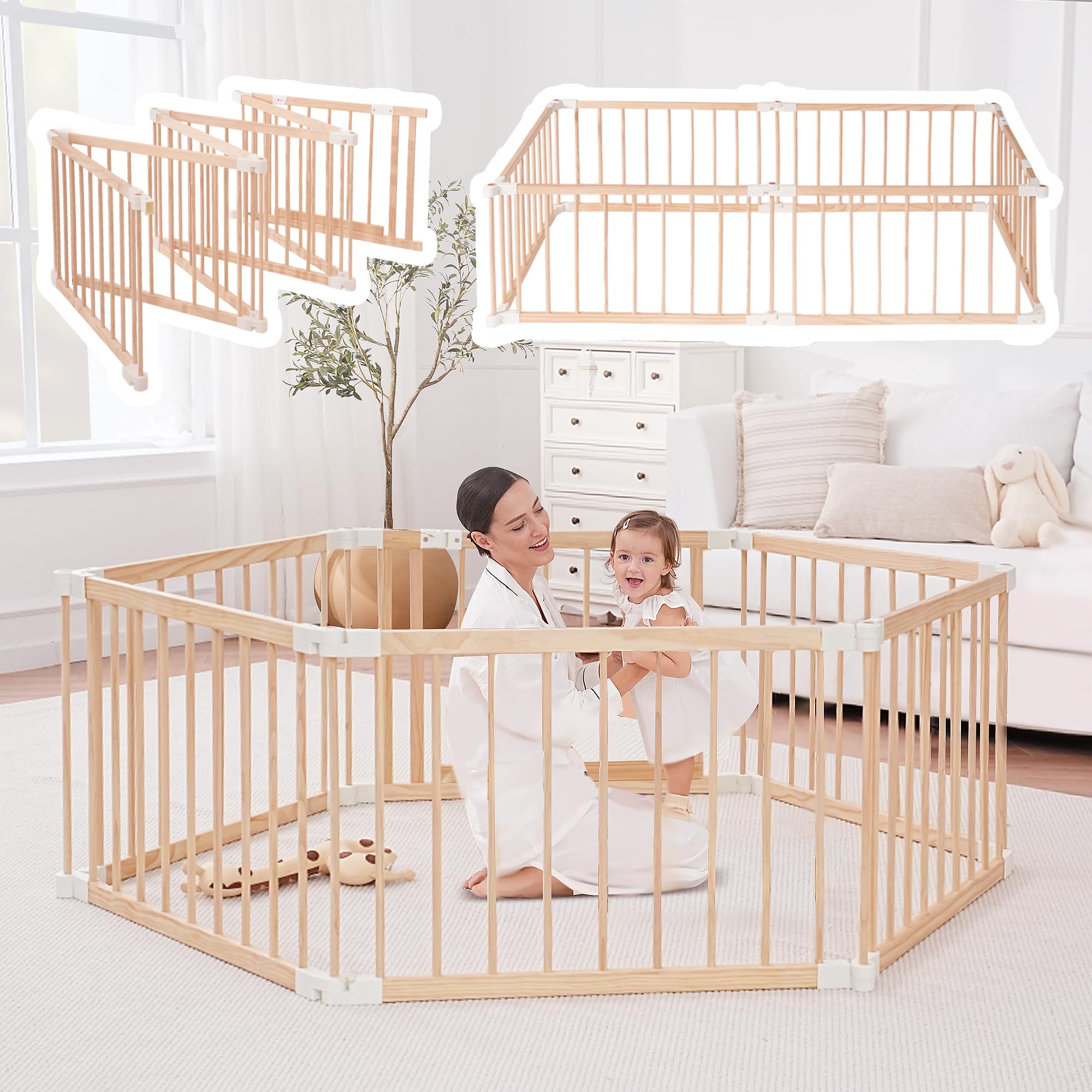 Wooden Playpen & Play Yards for Babies and Toddlers, Foldable Wood Baby Play Fence with Locking Gate, Kids Activity Area Center Indoor Outdoor, Pinewood