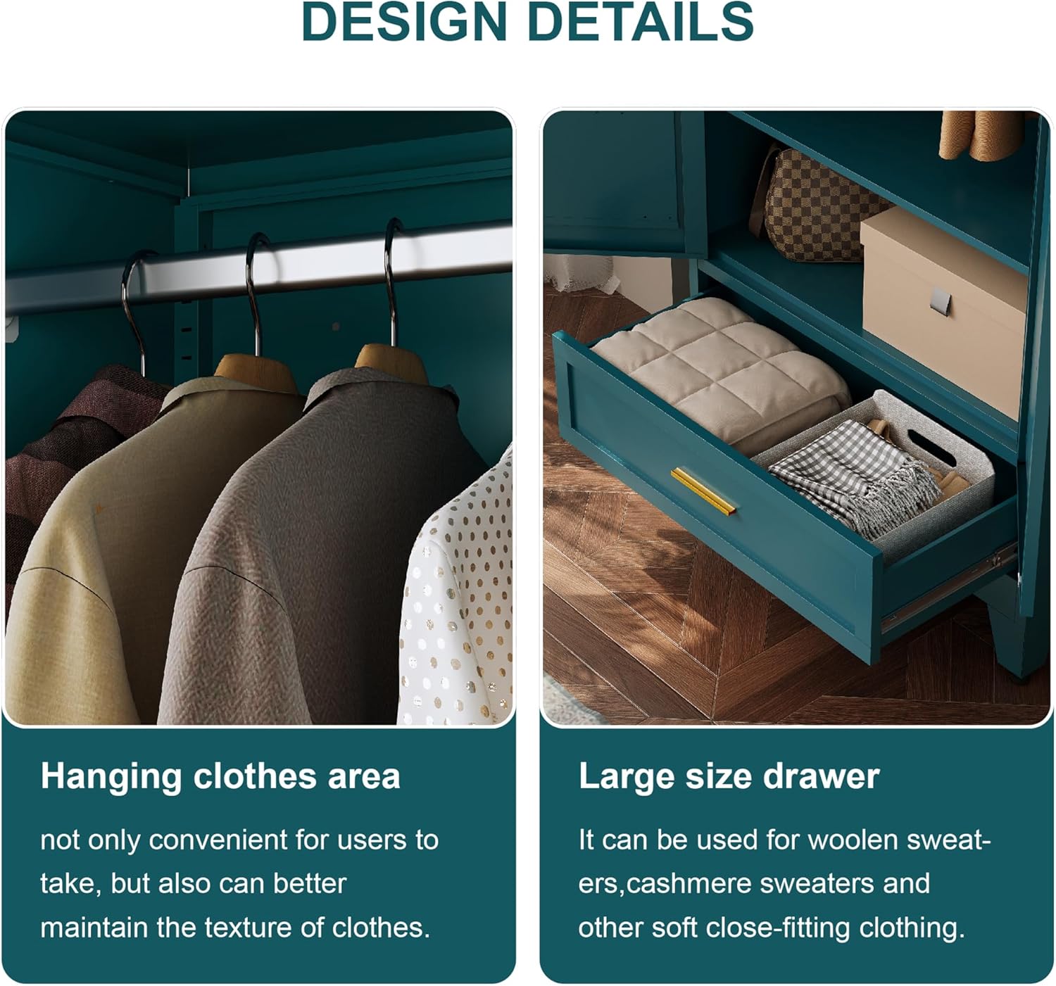 71" Tall Metal Wardrobe Closet with Doors, Hanging Rod, Drawer & Adjustable Shelf – Freestanding Full-Size Steel Armoire for Bedroom, Home Office, Dorm, Entryway, Laundry Room (Teal)