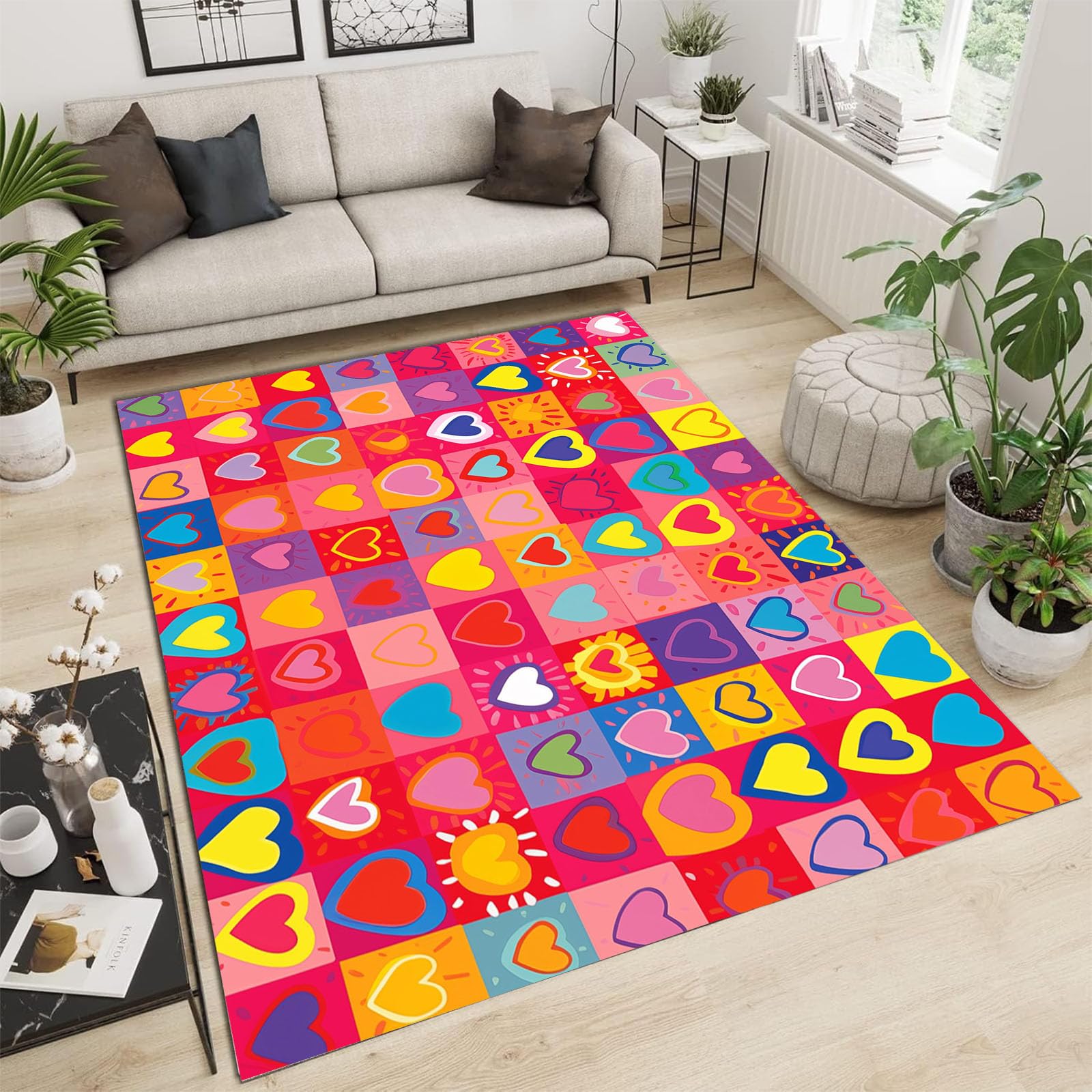 Tapis salon cœur rose corail 150x210 cm | Confort géométrique doux