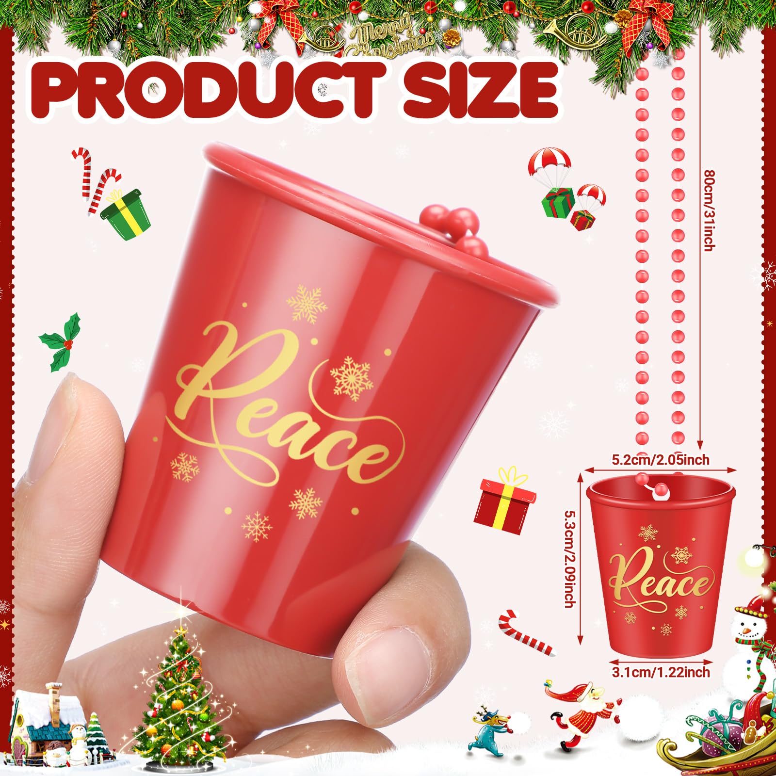 Tigeen 24 Christmas Shot Glass Necklaces Christmas Plastic Shot Cup on Beaded Necklace Red Green Xmas Necklace Cup for Holiday Birthday Party Supplies (Joy)