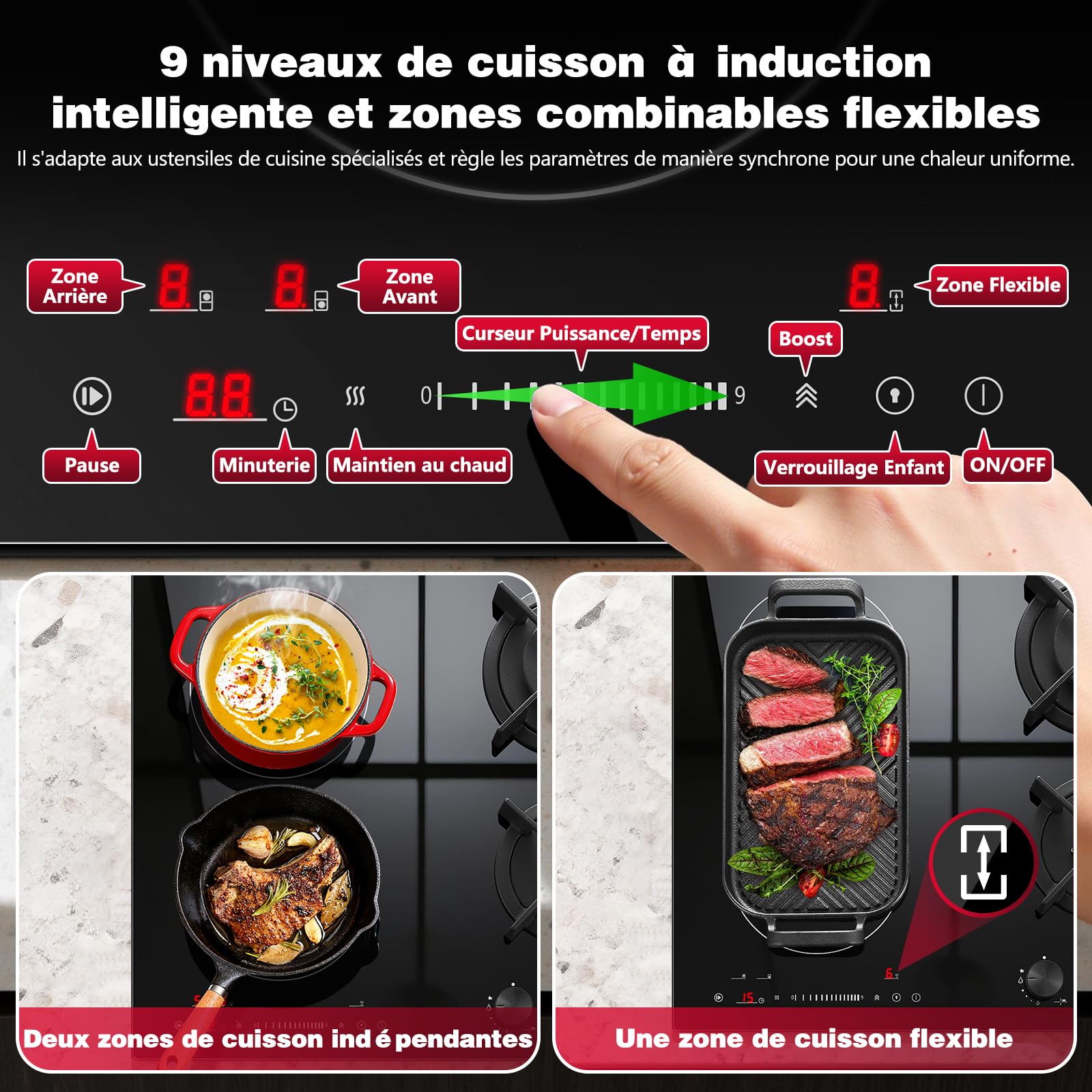 SNDOAS Table de Cuisson Mixte Gaz Induction 4 Foyers 59cm, 7500W Totale, Plaque de Cuisson Induction 4100W avec Boost & Pont, Plaque Gaz 3400W avec Brûleur Wok, Sécurité Enfant, Verre Céramique Noir