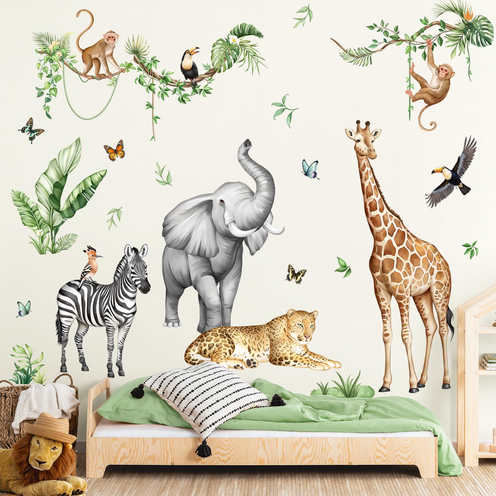 Autocollants Muraux Animaux Jungle Supzone - Girafe, Zèbre, éléphant, Feuilles - Décoration Chambre Enfant