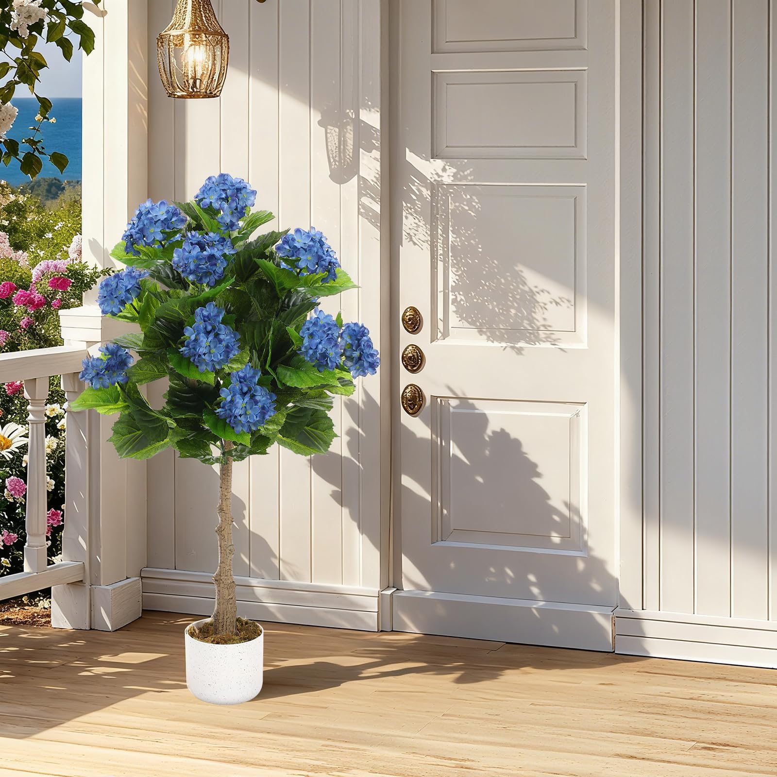 Arbre d'hortensia artificiel bleu 95 cm avec pot noir pour salon