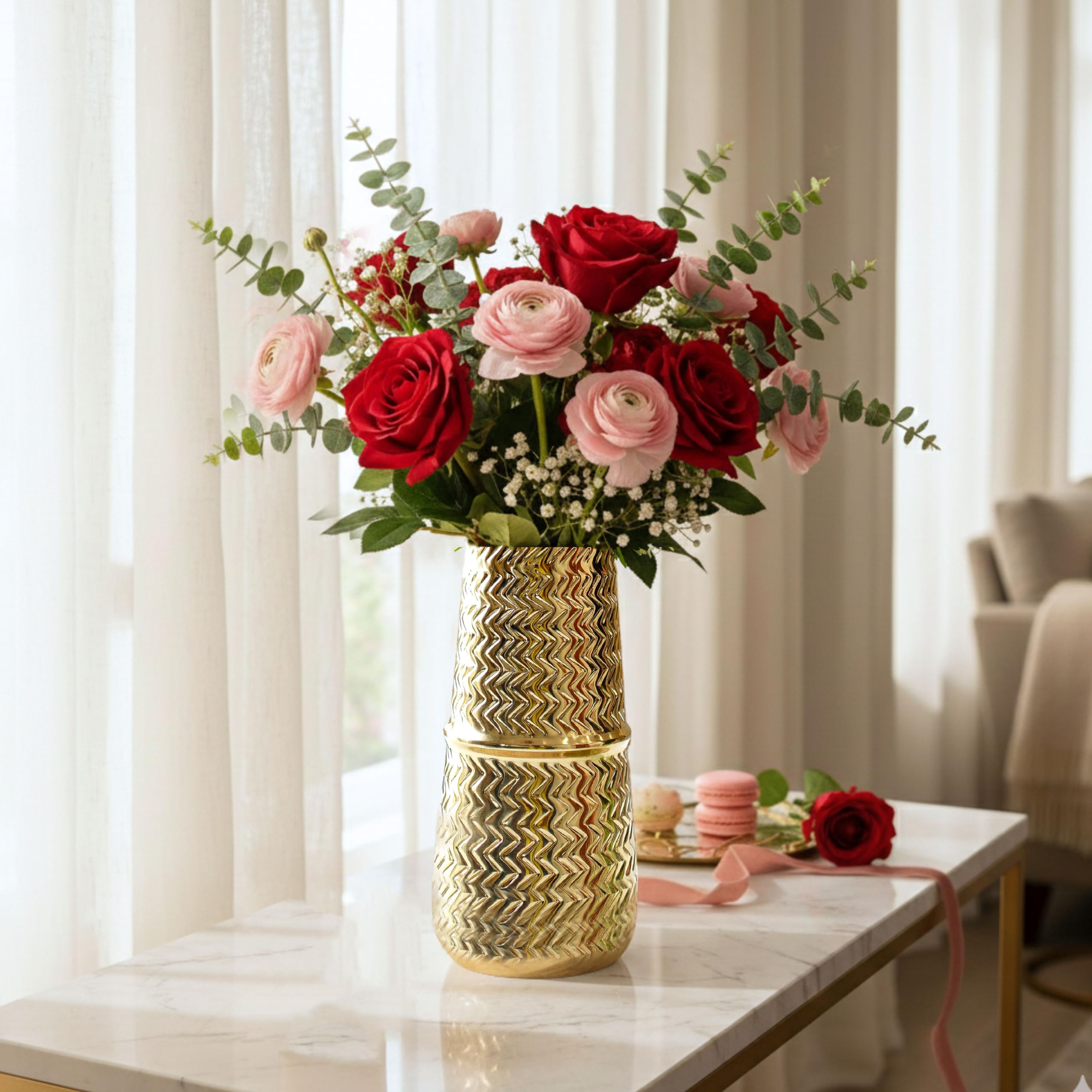 BEHOMA Arrow Engrave Metal Cylindrical Vase for Living Room,Decoratives for Indoor Home Decor Office Decor Balcony,Best Gift for Birthday Anniversary Festival,Golden 1 Large Pcs(Flower not Included)