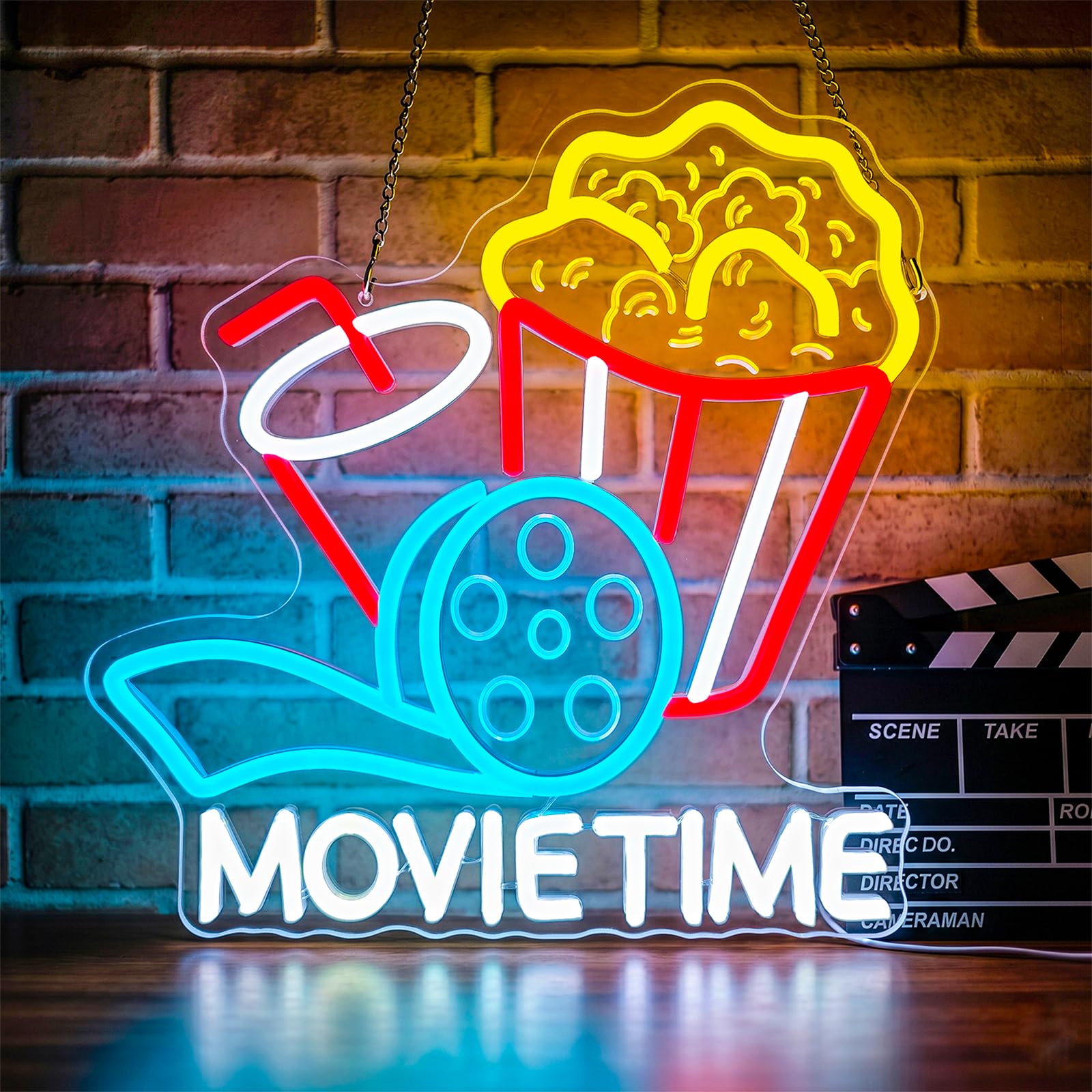 Lxmoneon Movie Time Neon Sign Cinema Neon Sign, Dimmable Popcorn Drink Led Sign for Wall Decor, USB Movie Night Neon Light for Theater Cinema Home Film Room Man Cave Party Gift