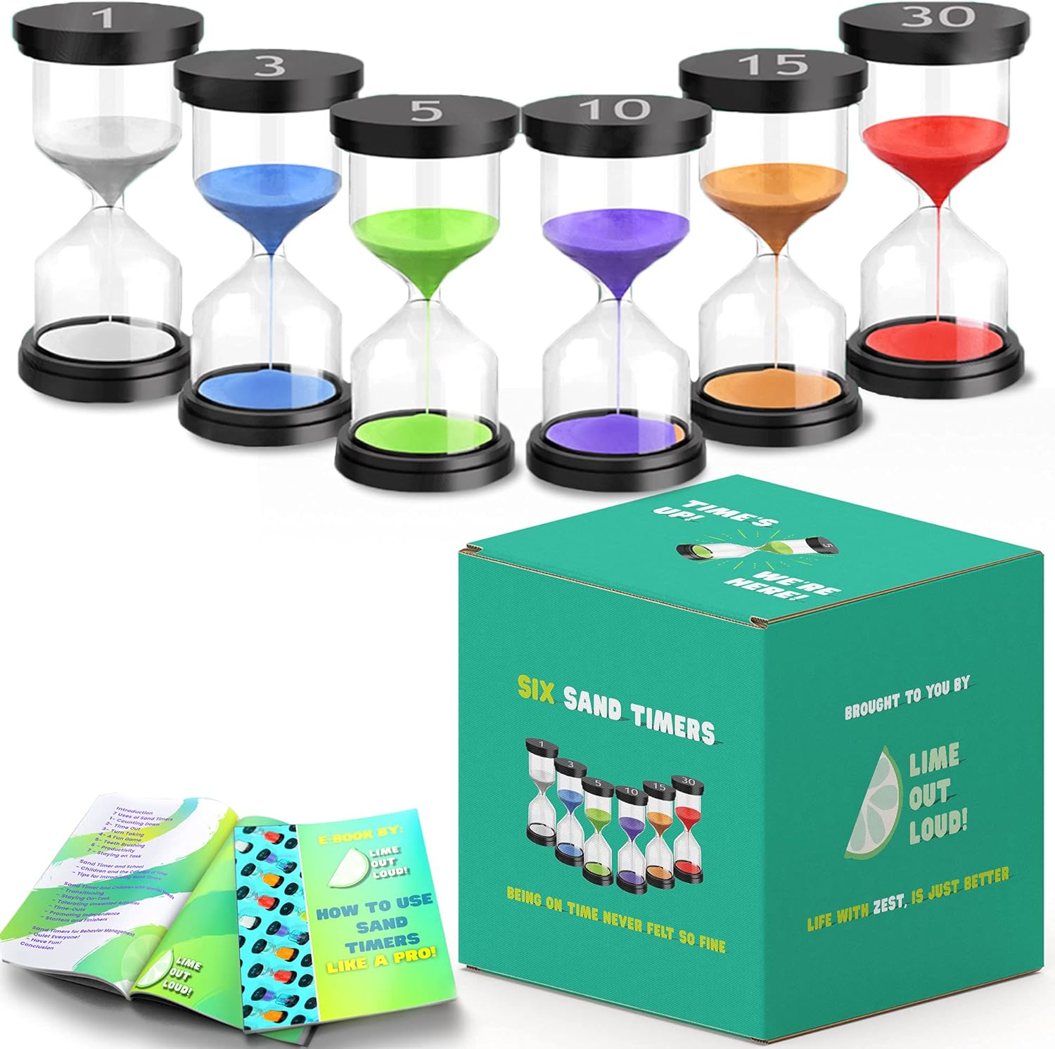 Activated Self Pack of 6 Sand Timer for Kids, 1/3/5/10/15