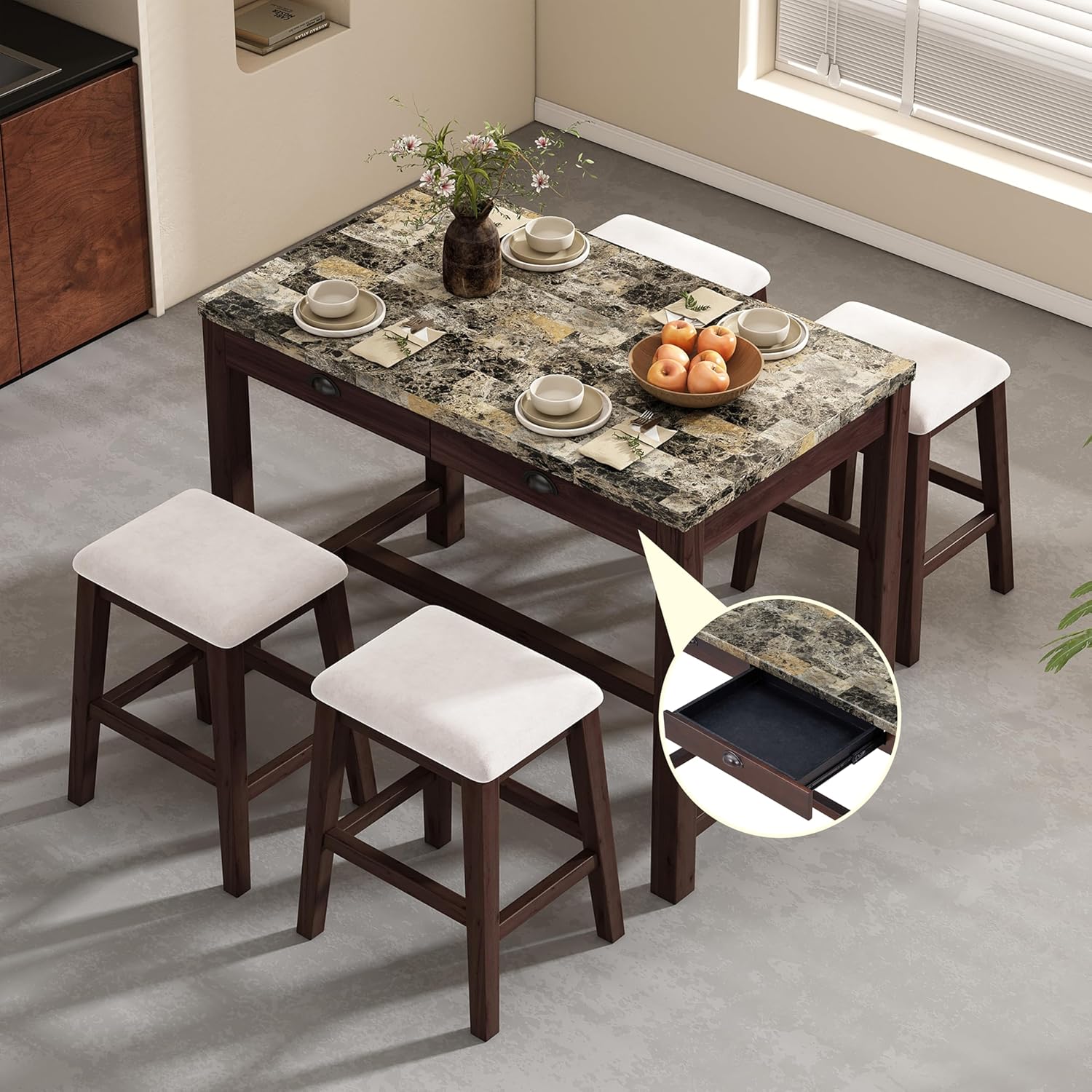 Linique 5-Piece Modern Faux Marble Bar Table Set,Breakfast Nook Table with Storage Drawers and 4 Padded Stools,Ideal for Space-Saving Dining Nooks or Small Kitchens(Walnut)
