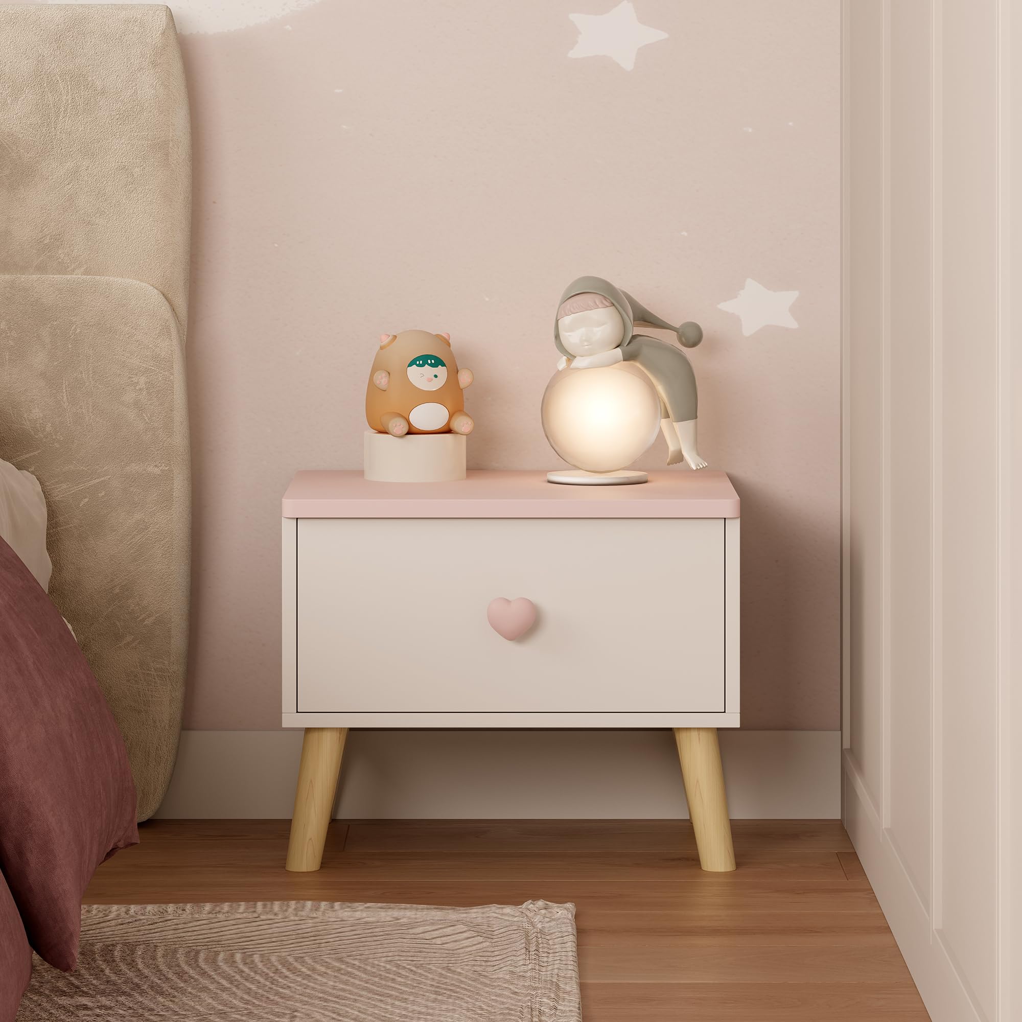 [en.casa] Table de Chevet pour Enfant Table d'Appoint Tiroir avec Poignée en Forme de Coeur pour Chambre Panneau de Particules MDF Bois de Pin 31 x 38 x 30 cm Blanc Rose