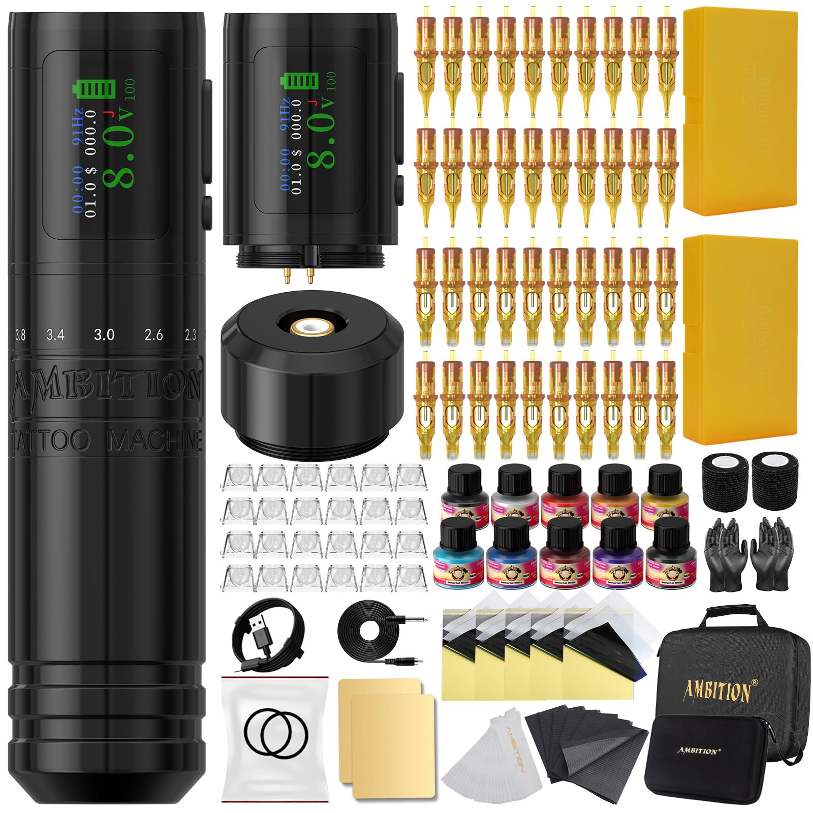 AmbitionC1 Tattoo Kit, Cordless Complete Tattoo Gun Kit Pen Machine for Beginners, 7 Adjustable Strokes Rotary Tattoo Supply with Dual 1900 mAh Battery 40pcs Glory Cartridge Needles Set for Starter