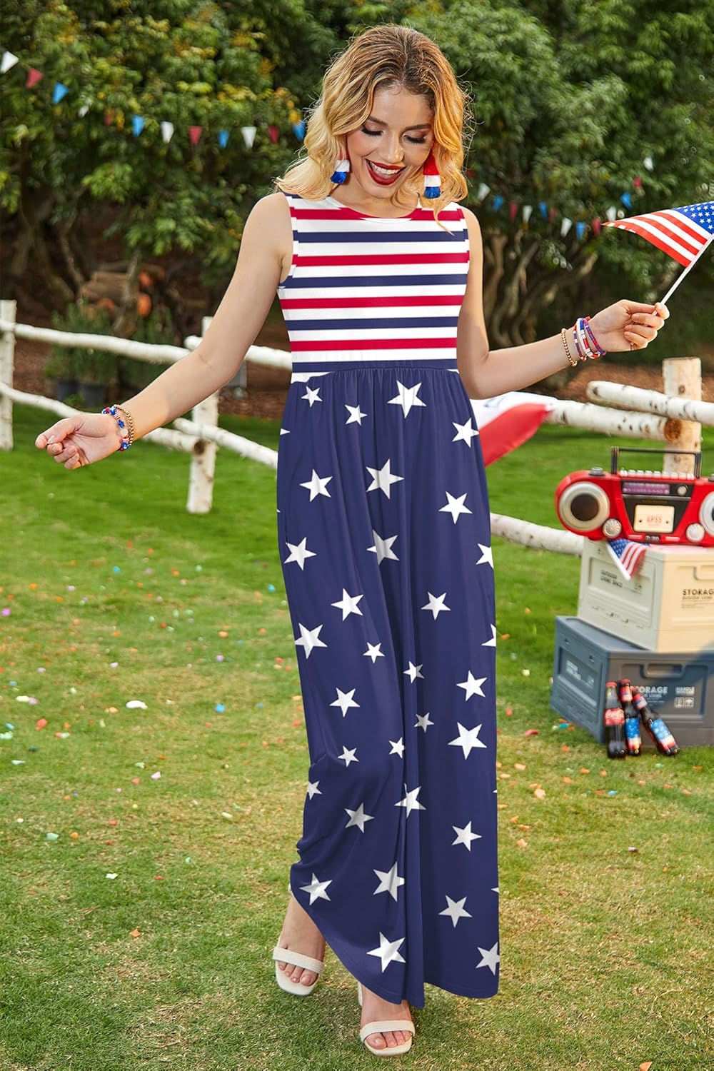 For G and PL Womens 4th of July Maxi Dress American Flag Sleeveless Long Dress with Pockets - Image 5