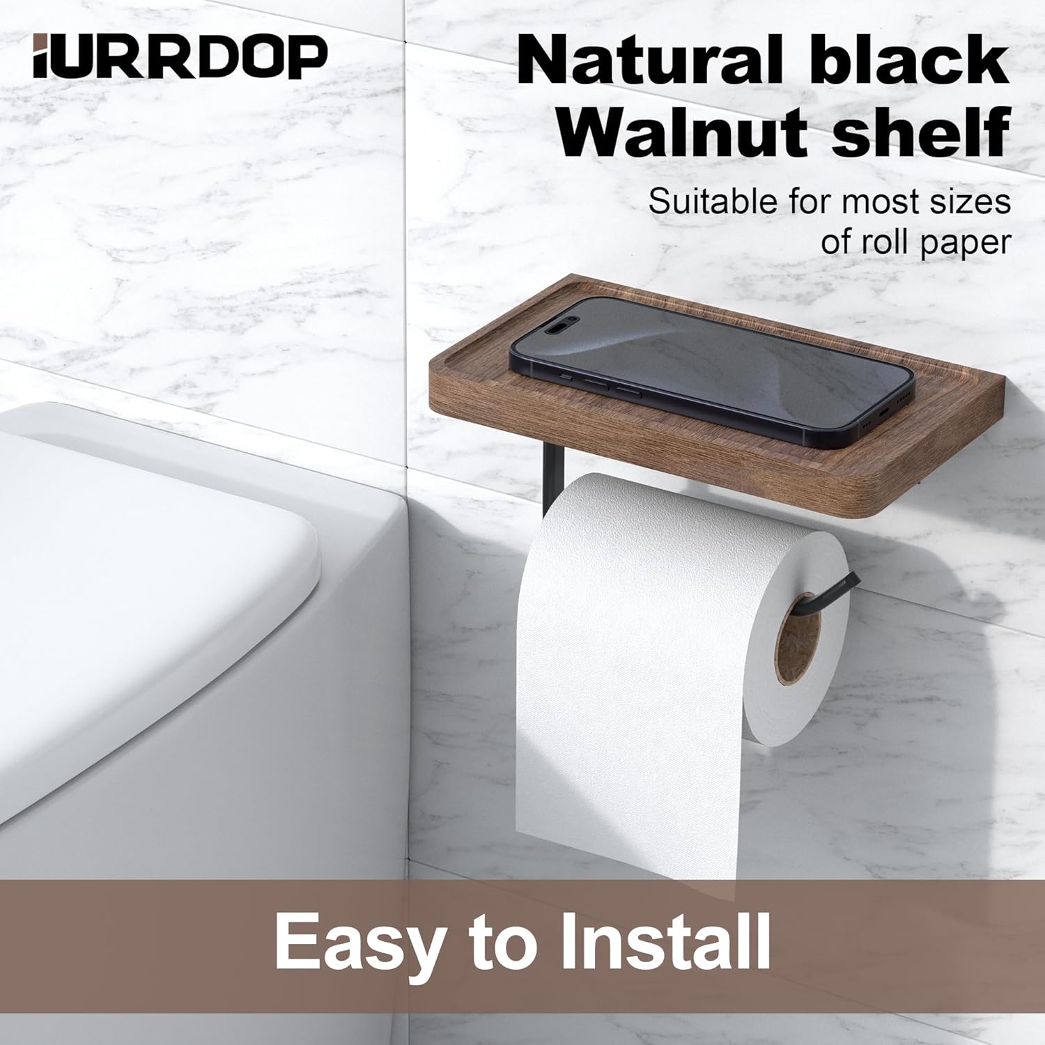 Toilet Paper Holder with Black Walnut Wood Shelf, Wall Mounted & Adhesive Mounted Wooden Shelf for Hanging Roll Tissue, Place Phone, Aromatherapy for Bathroom, Washroom