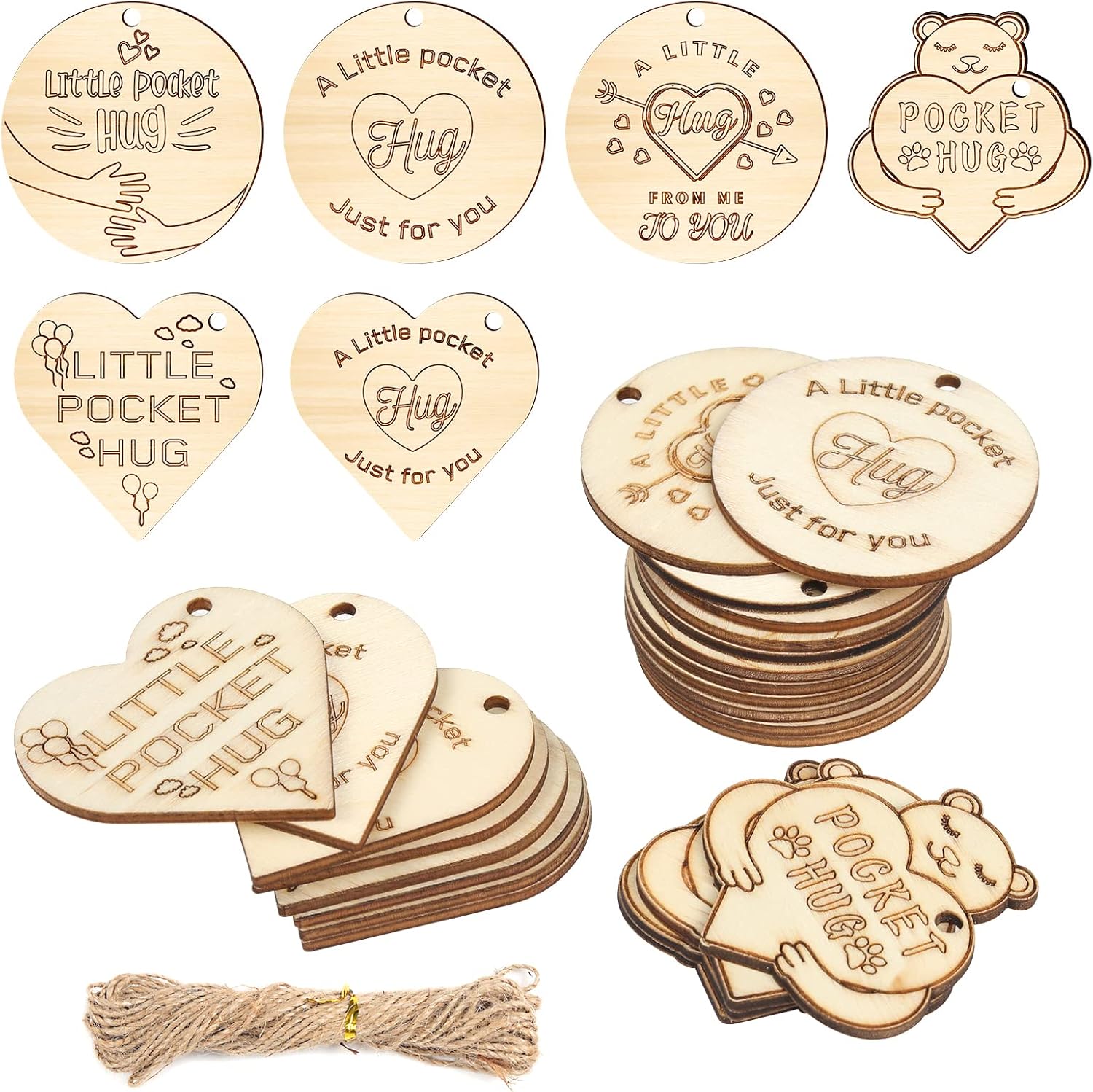 24PCS Little Pocket Hug, Wooden Pocket Hug Heart Token with Hole Rope