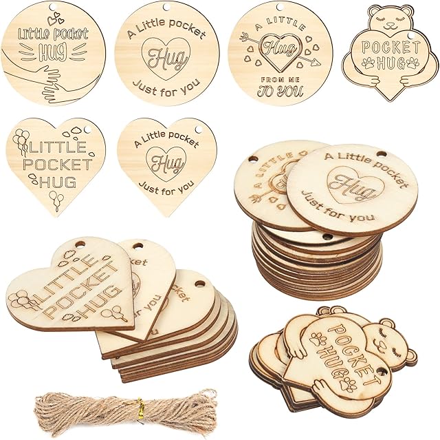 24PCS Little Pocket Hug, Wooden Pocket Hug Heart Token with Hole Rope Pocket Hug Gifts Big Hugs Gifts for Friend Family Christmas DIY Keyrings