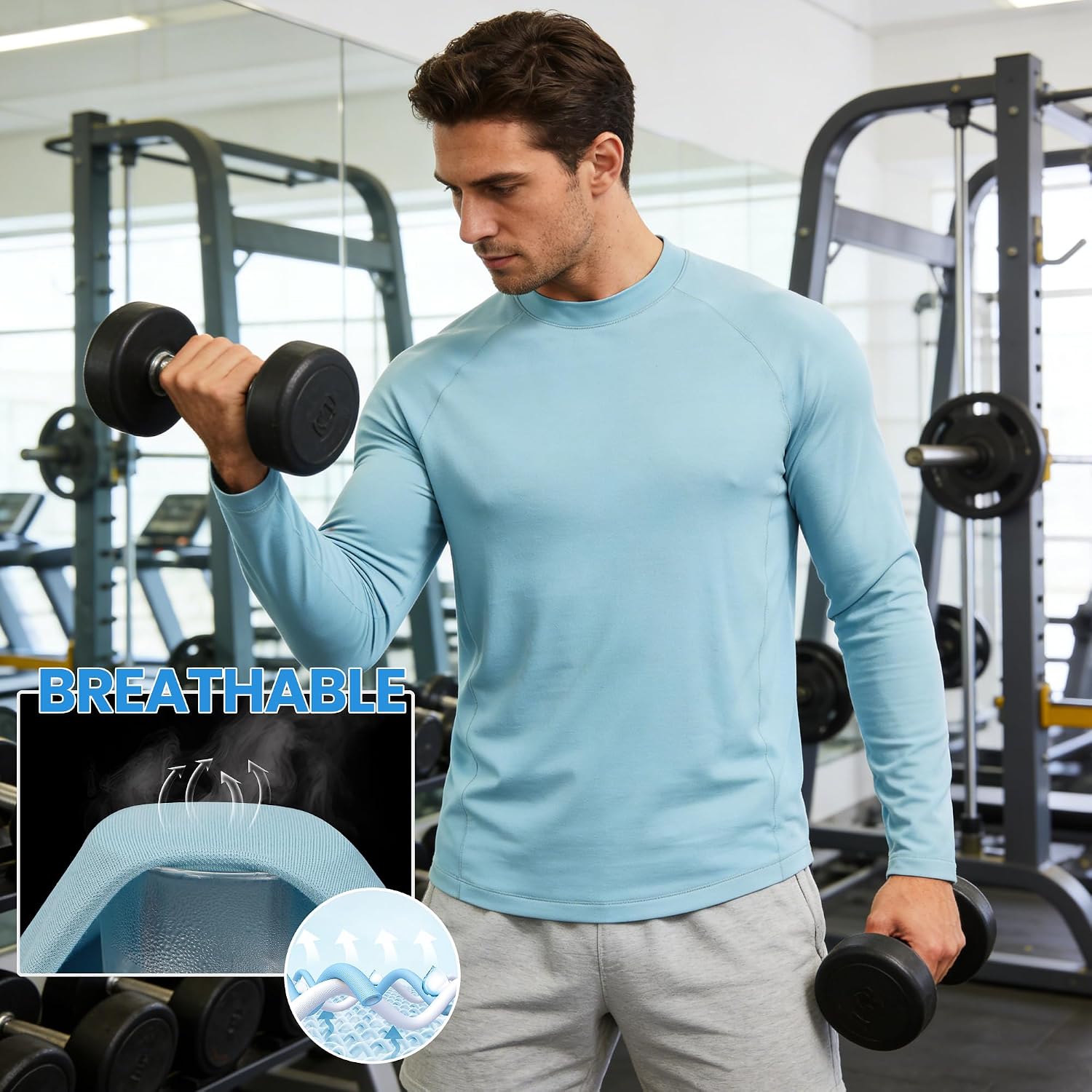 Long Sleeve Shirts for Men Moisture Wicking Workout T-Shirt Quick Dry Athletic Active Tees A-Sky Blue