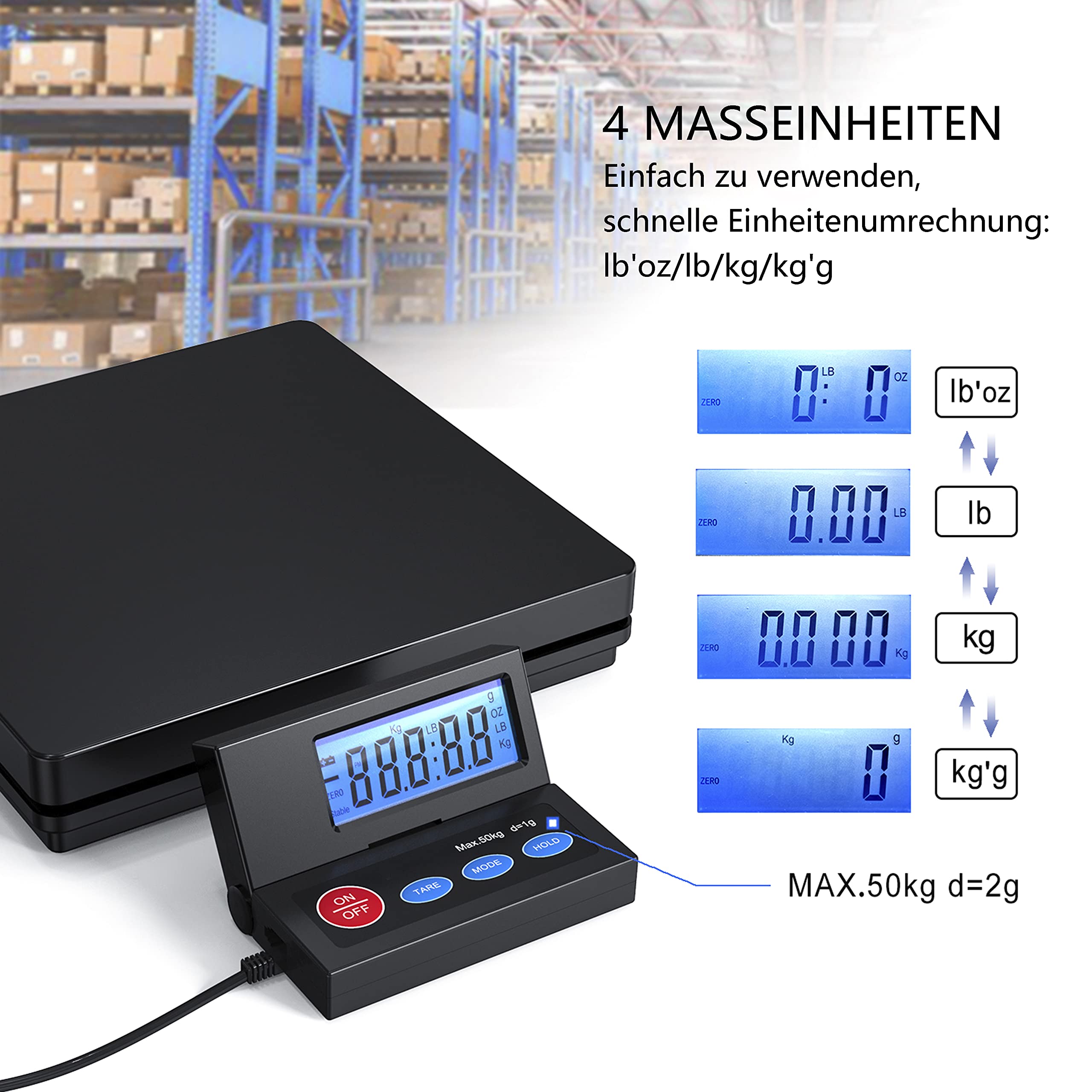 Nilpferd Paketwaage Postwaage Plattformwaage 50kg 2g LCD Display Schwarz