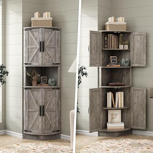Miniatura 8 de Vabches 64.8" Tall Farmhouse Corner Cabinet with 4 Doors and 5 Storage Shelves, Farmhouse Storage Cabinet with Barn Door Design, Home Space Saver