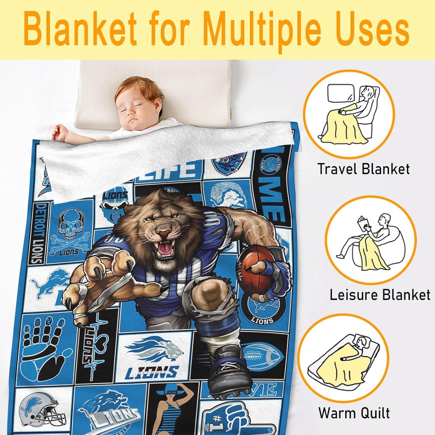 American Football Series: Detroit Throw Blanket (L80 xW60) Bold 3D Effect Use Throw for Outdoor, Travel, Vacation, Nap, and Relaxation or Game Day for Fans - Image 3