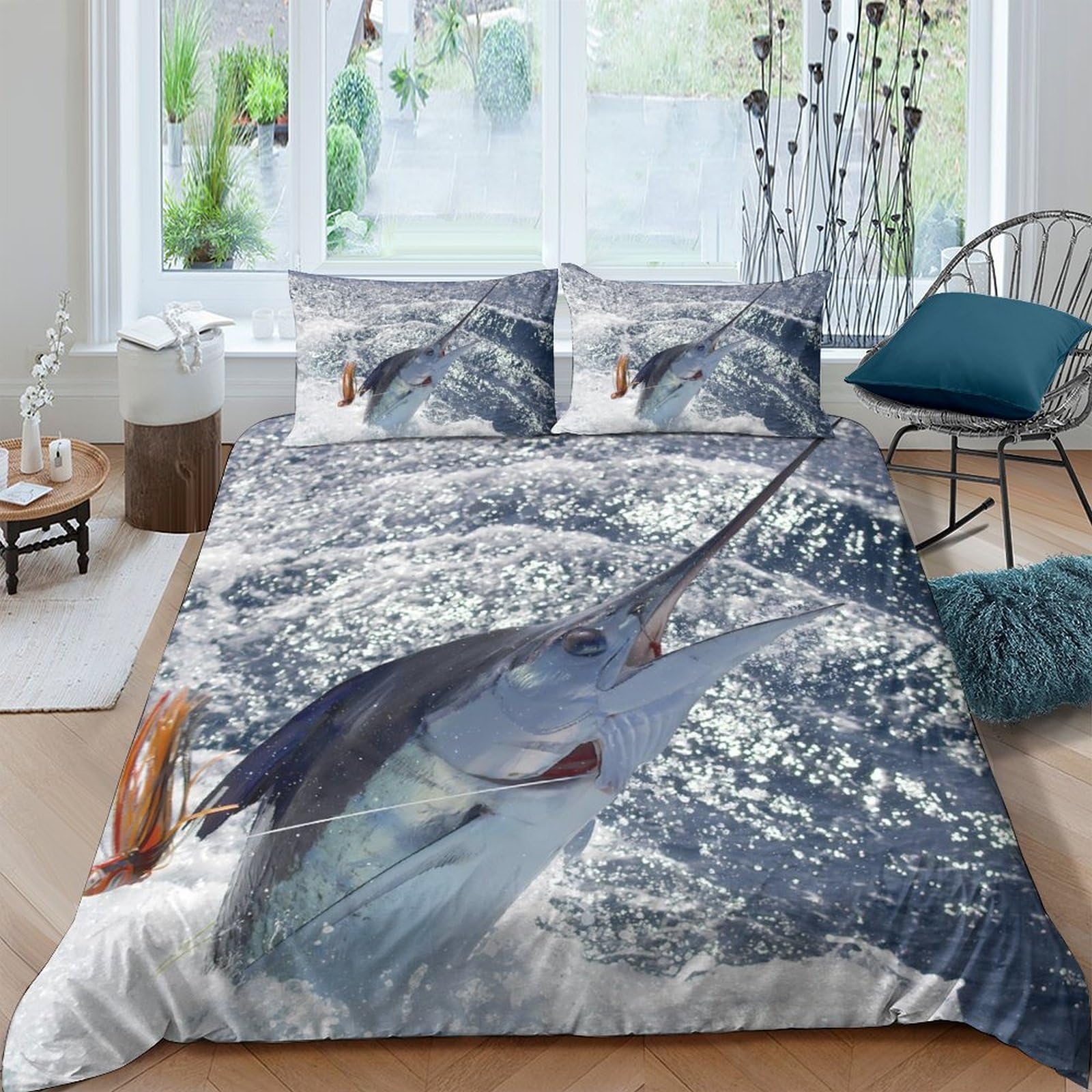 GPLZQXKJNH 3D Printed Ocean Shark Duvet Cover Microfiber Soft Breathable Wave Bedding Set with 2 Pillowcases for Bedroom Decor Single（135x200cm）