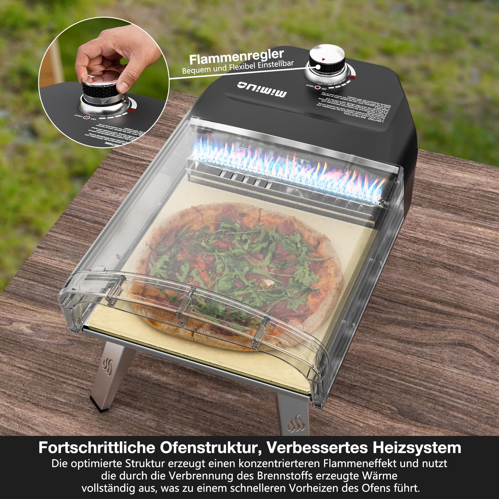 Mimiuo Gas Pizzaofen mit Pizzastein und Pizzaschaufel, mobiler Pizzaofen, Tragbar Pizza Ofen für Terrasse und Balkon, Pizzaofen für den Garten, outdoor, Gas Pizza Oven, Schwarz