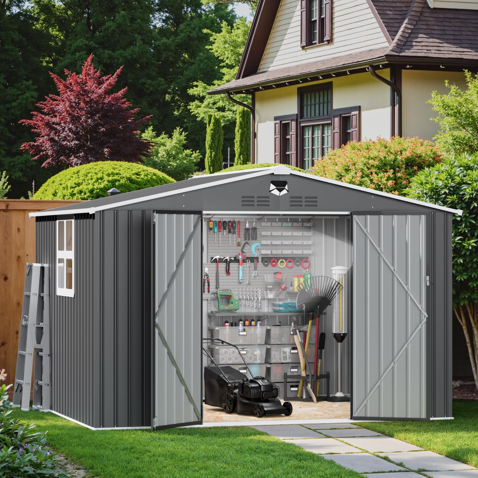 Condition photo showing New/Like New for metal storage shed 10x8 ft with window,outdoor storage building,large backyard sheds,waterproof outside storage sheds