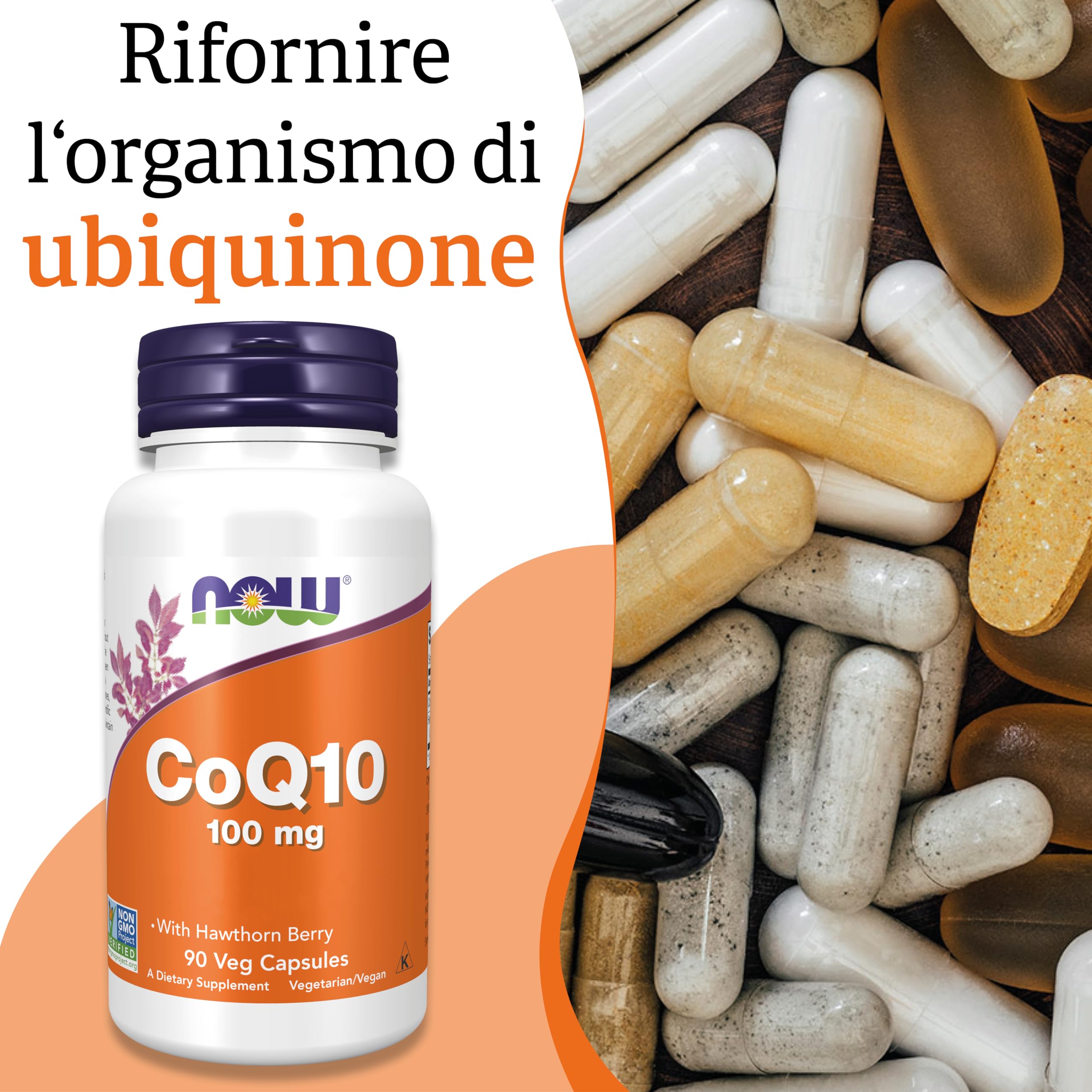 Now Foods CoQ10 (Coenzima Q10), 100mg, con Biancospino, 90 compresse vegane, Testato in Laboratorio, Senza Glutine, Senza Soia, Vegetariano, Non OGM