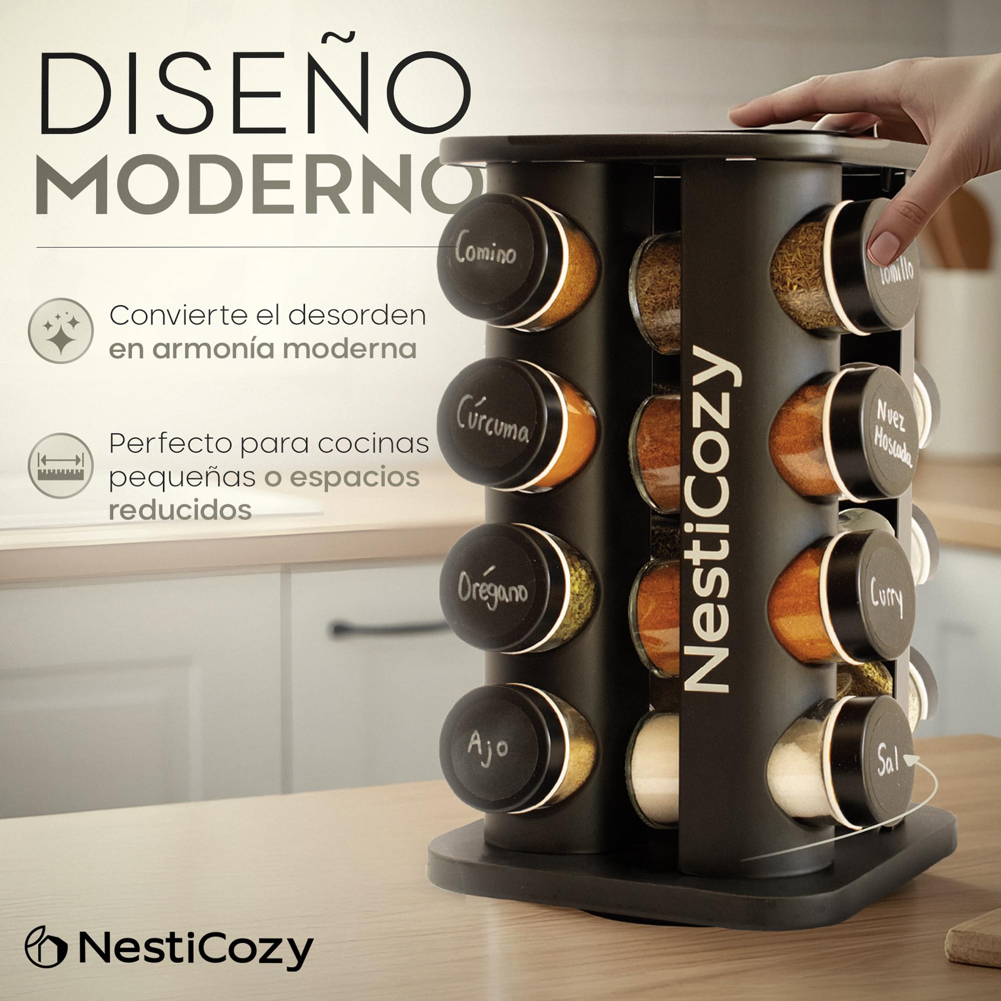 Présentoir à épices rotatif à 360 °, organiseur de cuisine noir compact avec 16 bocaux en verre hermétiques, étiquettes réutilisables, économie d'espace comptoir élégant moderne, rotation