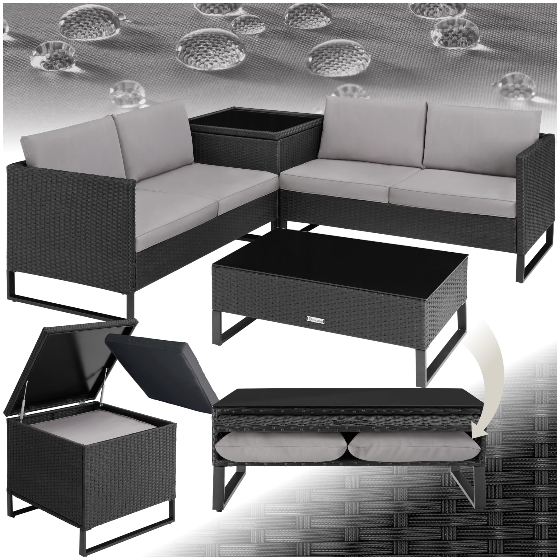 tectake® Poly Rattan Lounge Sitzgruppe, Gartenmöbel Set mit Sofa, Tisch mit Glasplatte, Auflagenbox, Outdoor Kissen wetterfest, Möbel für Garten, Balkon, Terrasse oder Wintergarten - schwarz